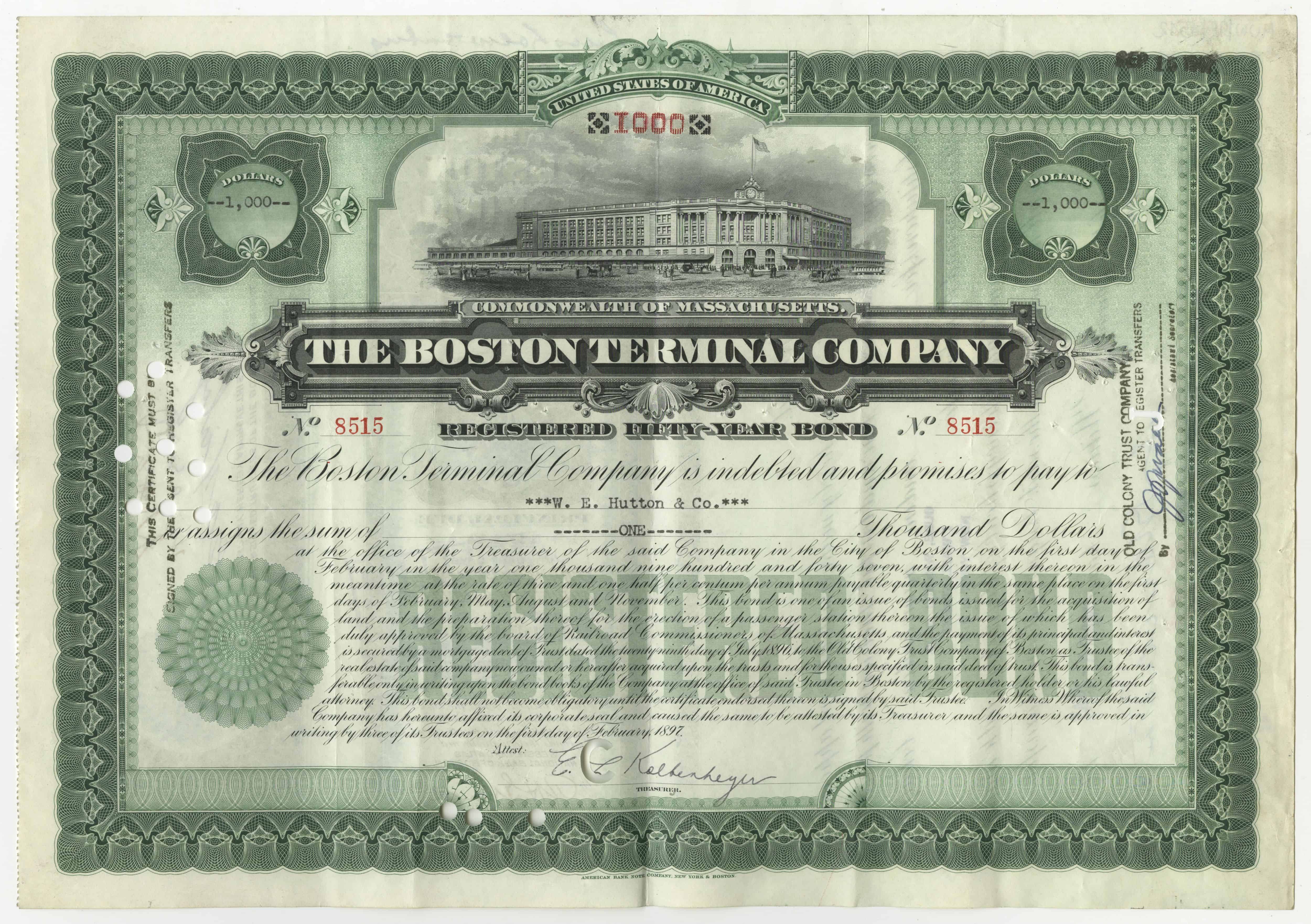 Obligacje The Boston Terminal Company z 1 lutego 1897 roku