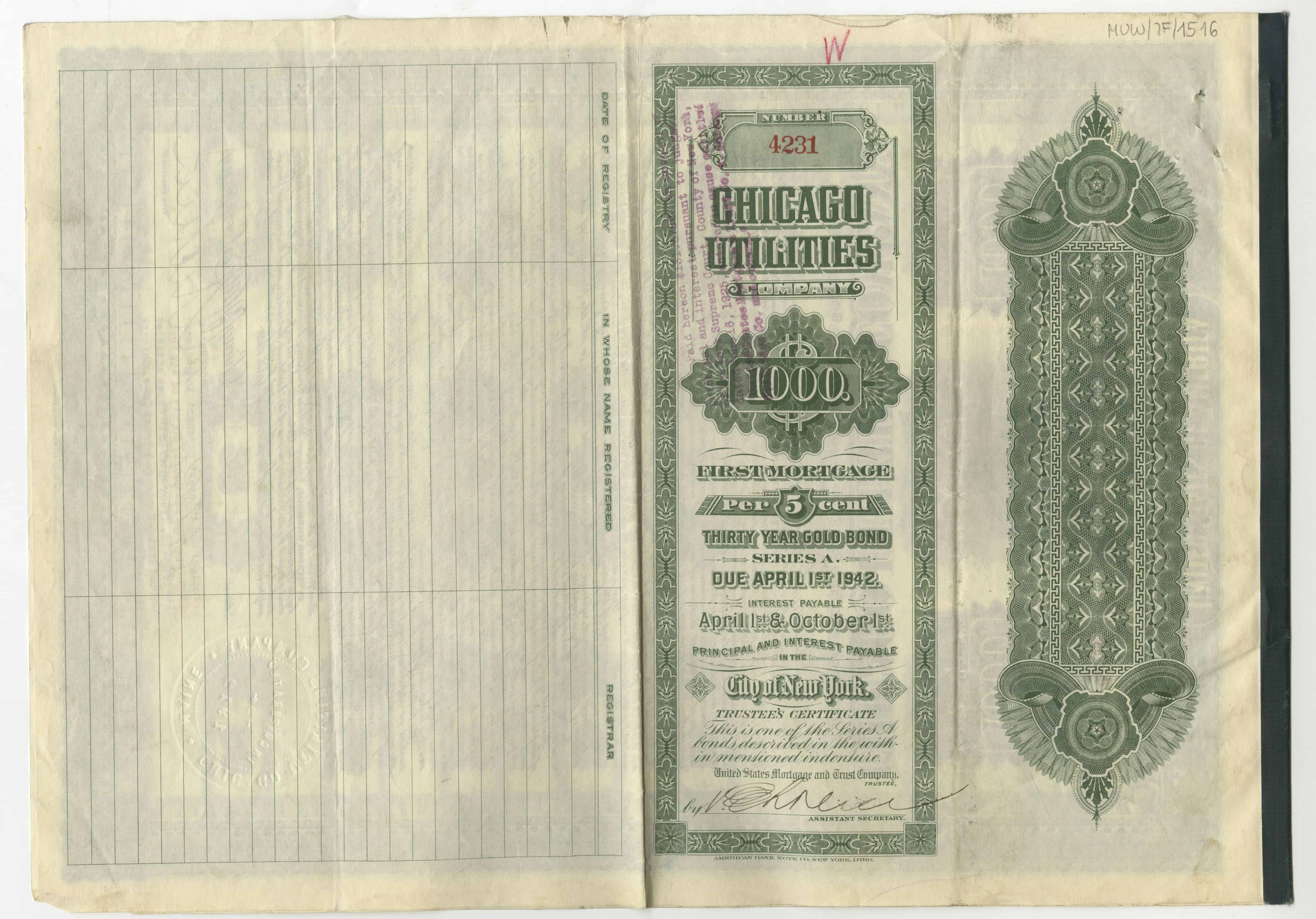 Obligacje Chicago Utilities Company z 1 kwietnia 1912 roku