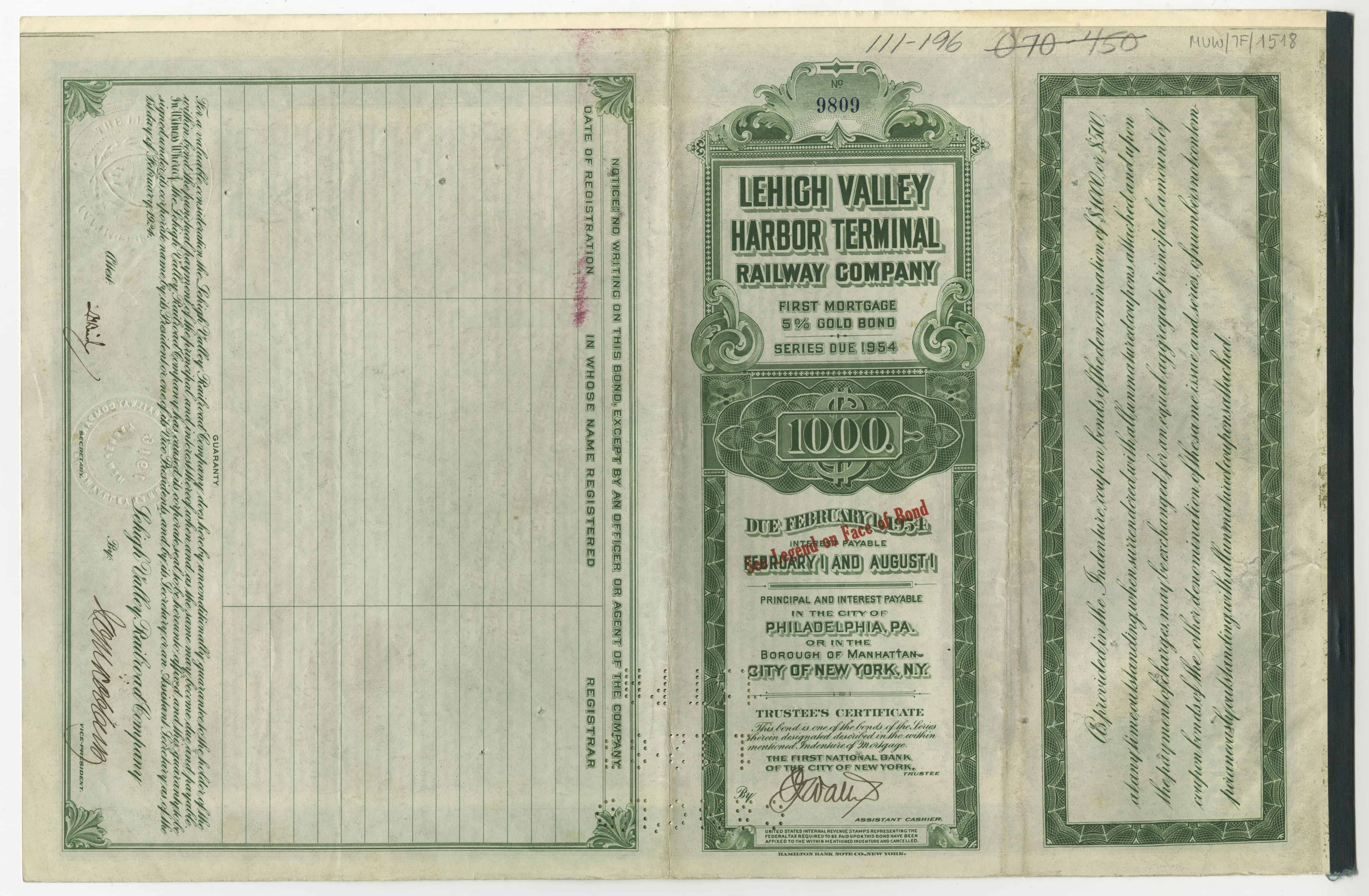 Obligacje Lehigh Valley Harbor Terminal Railway Company z 1 lutego 1924 roku