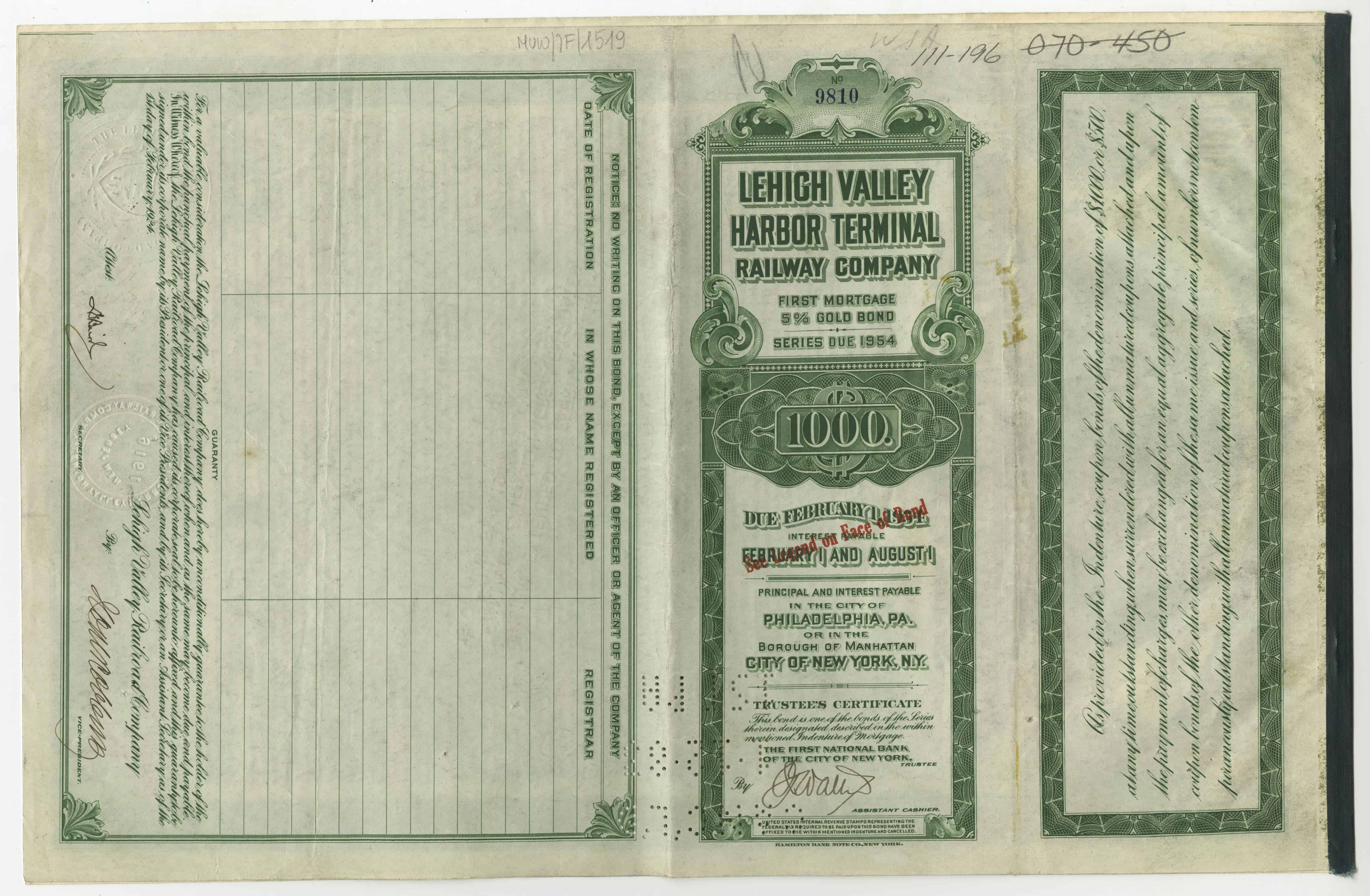 Obligacje Lehigh Valley Harbor Terminal Railway Company z 1 lutego 1924 roku