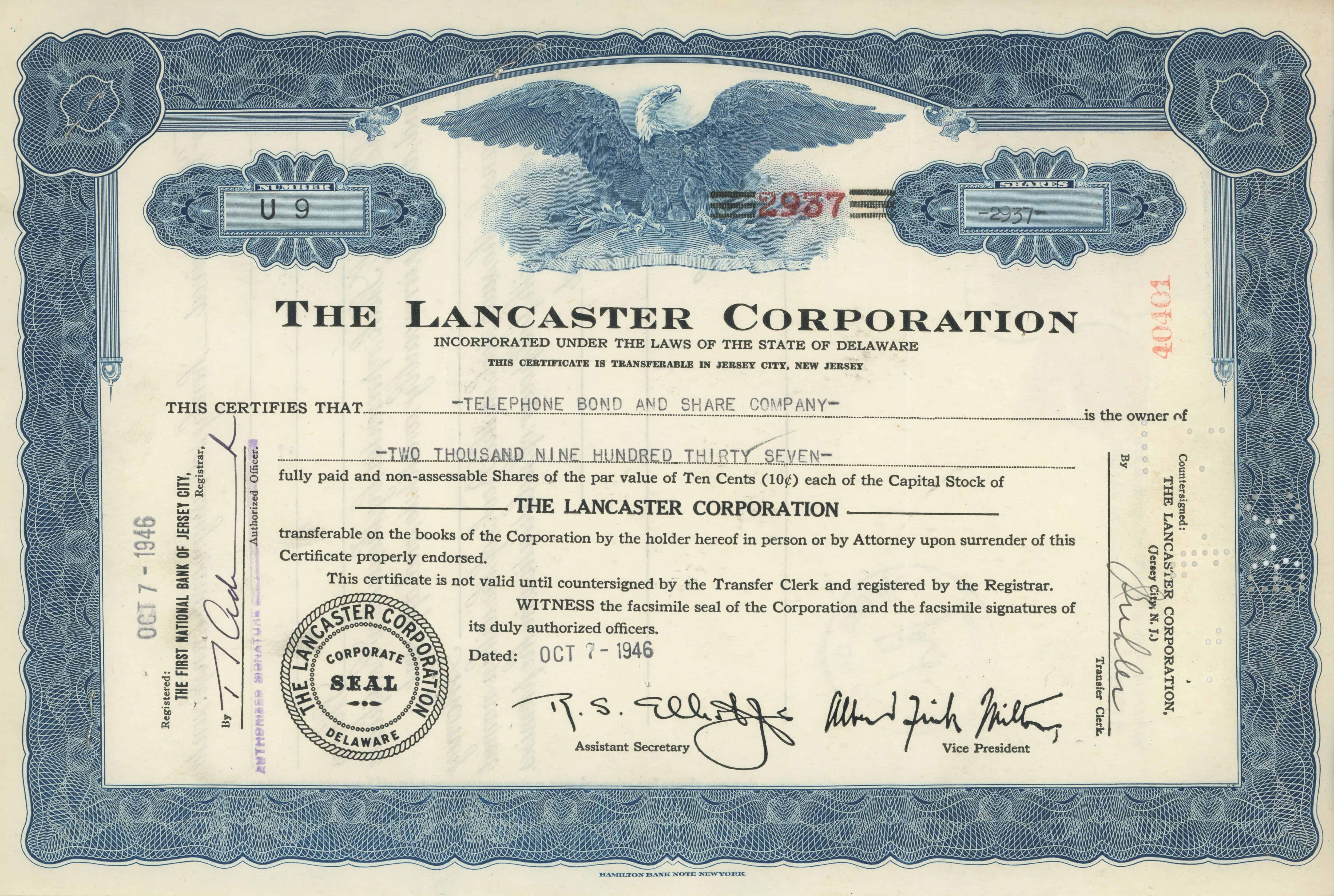 2937 akcji The Lancaster Corporation z 7 października 1946 roku