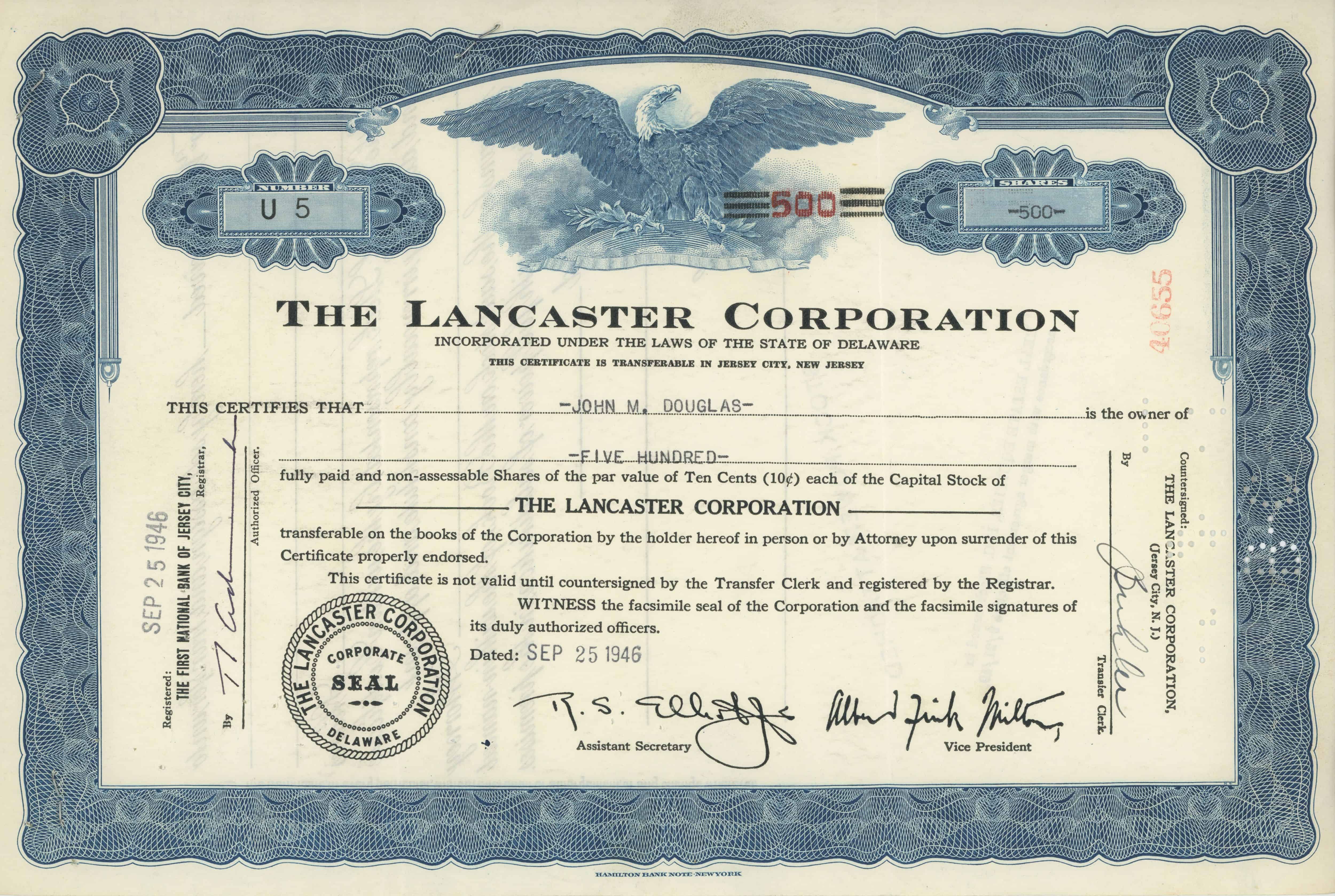 500 akcji The Lancaster Corporation z 25 września 1946 roku
