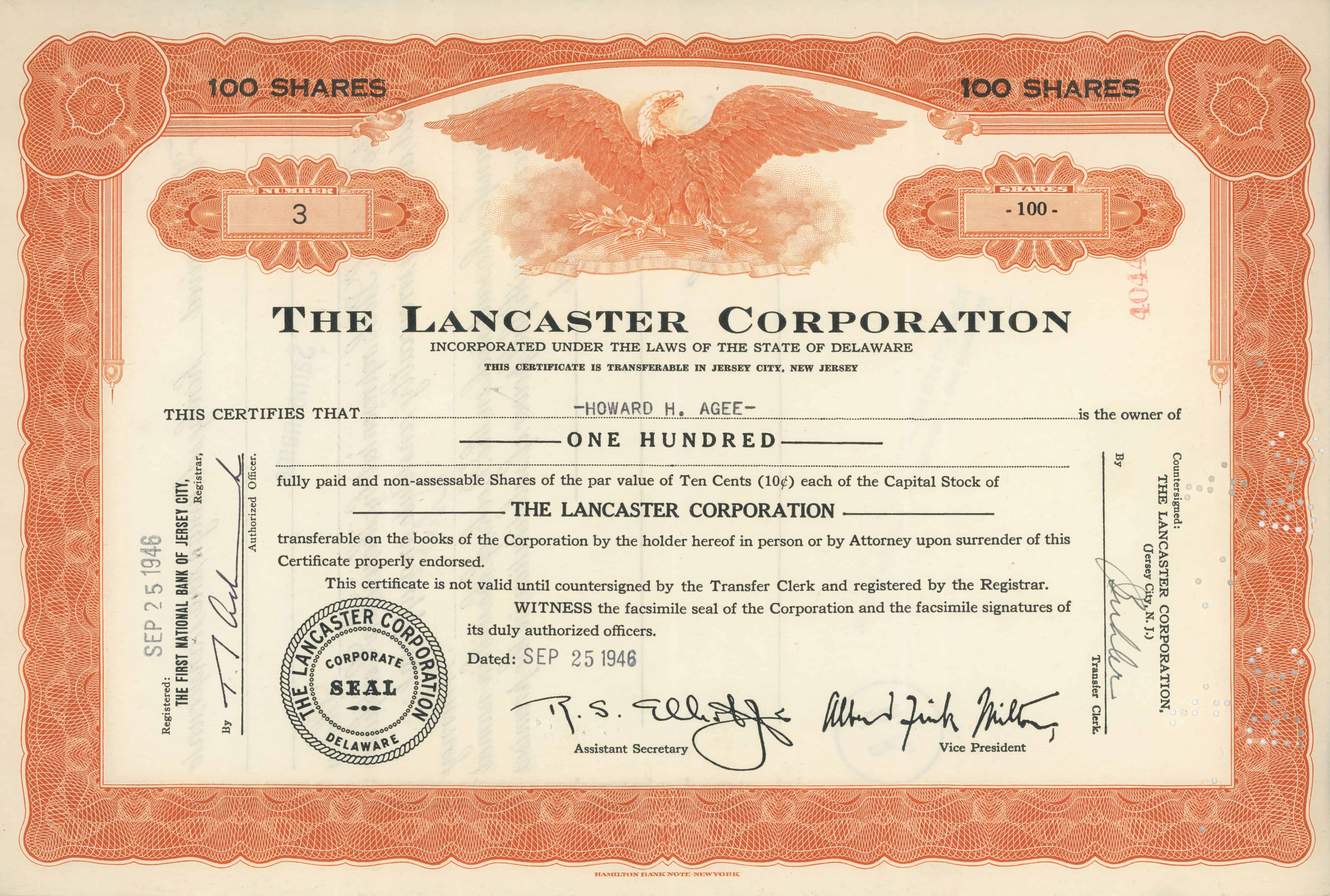 100 akcji The Lancaster Corporation z 25 września 1946 roku
