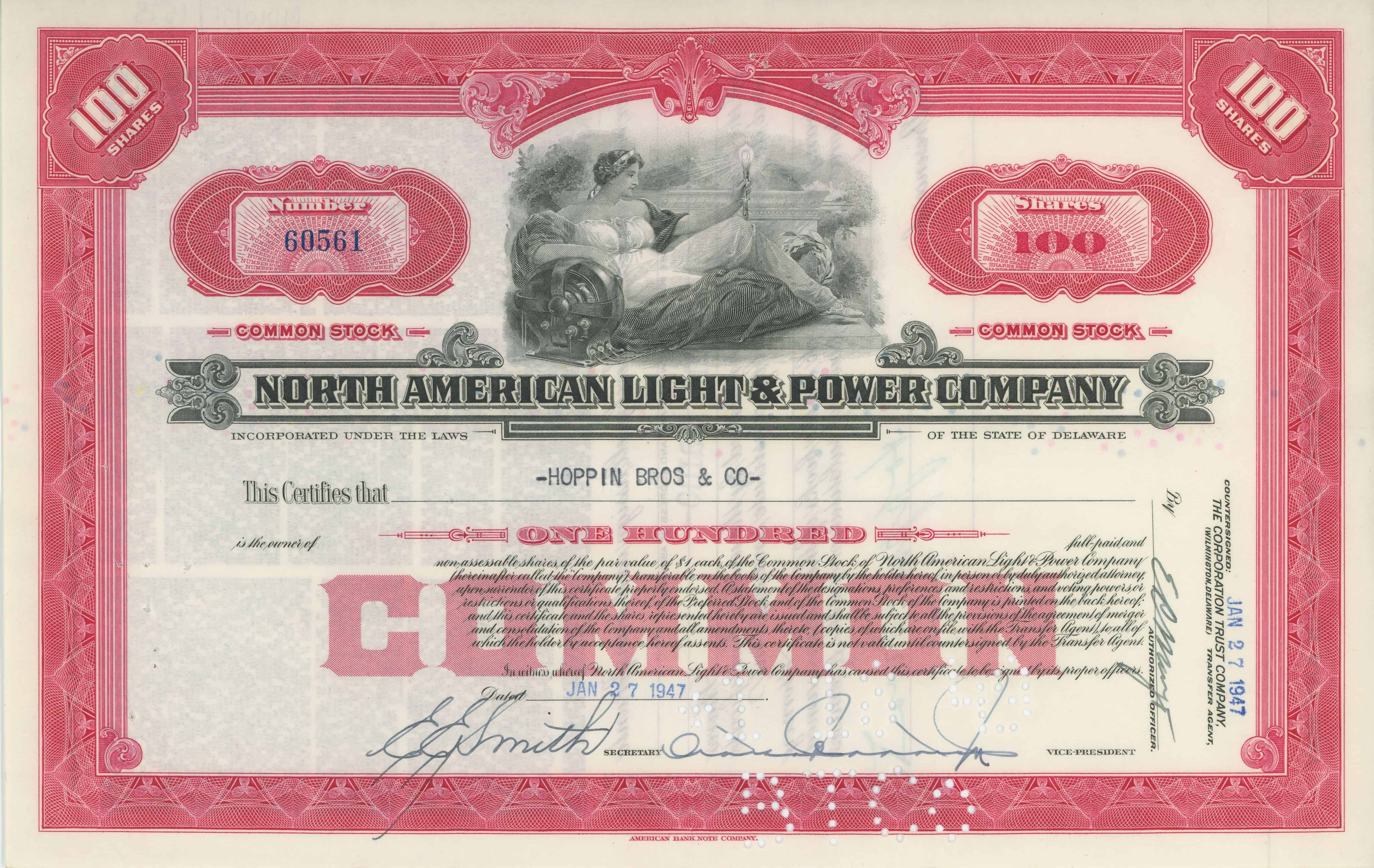 100 akcji North American Light & Power Company z 27 stycznia 1947 roku