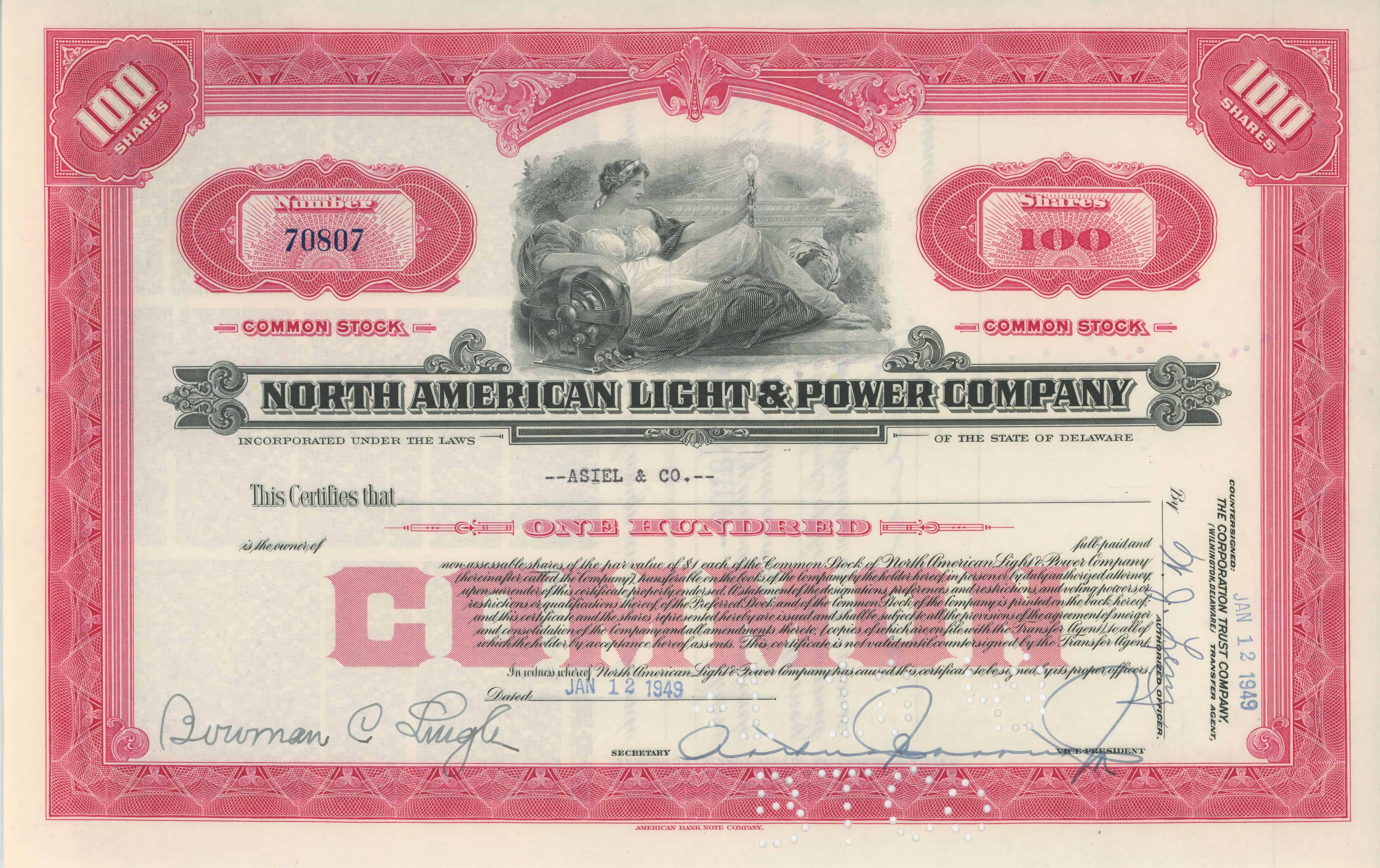 100 akcji North American Light & Power Company z 12 stycznia 1949 roku