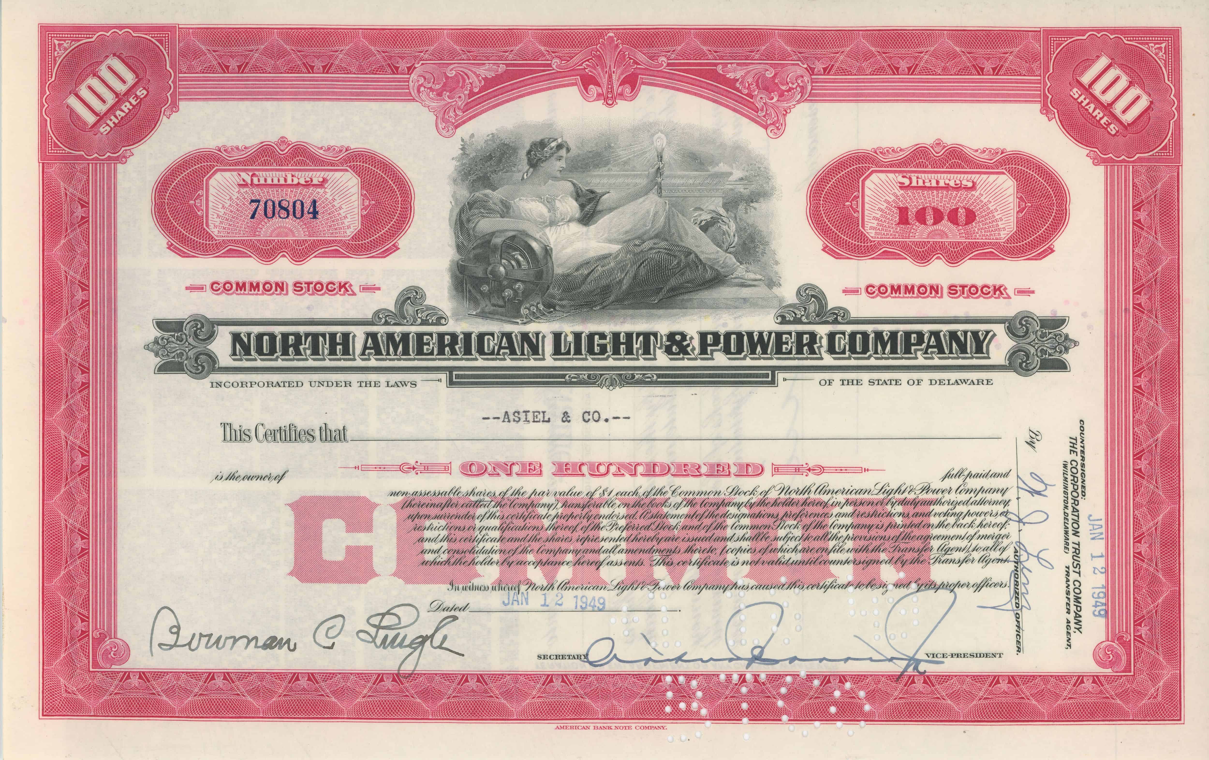 100 akcji North American Light & Power Company z 12 stycznia 1949 roku