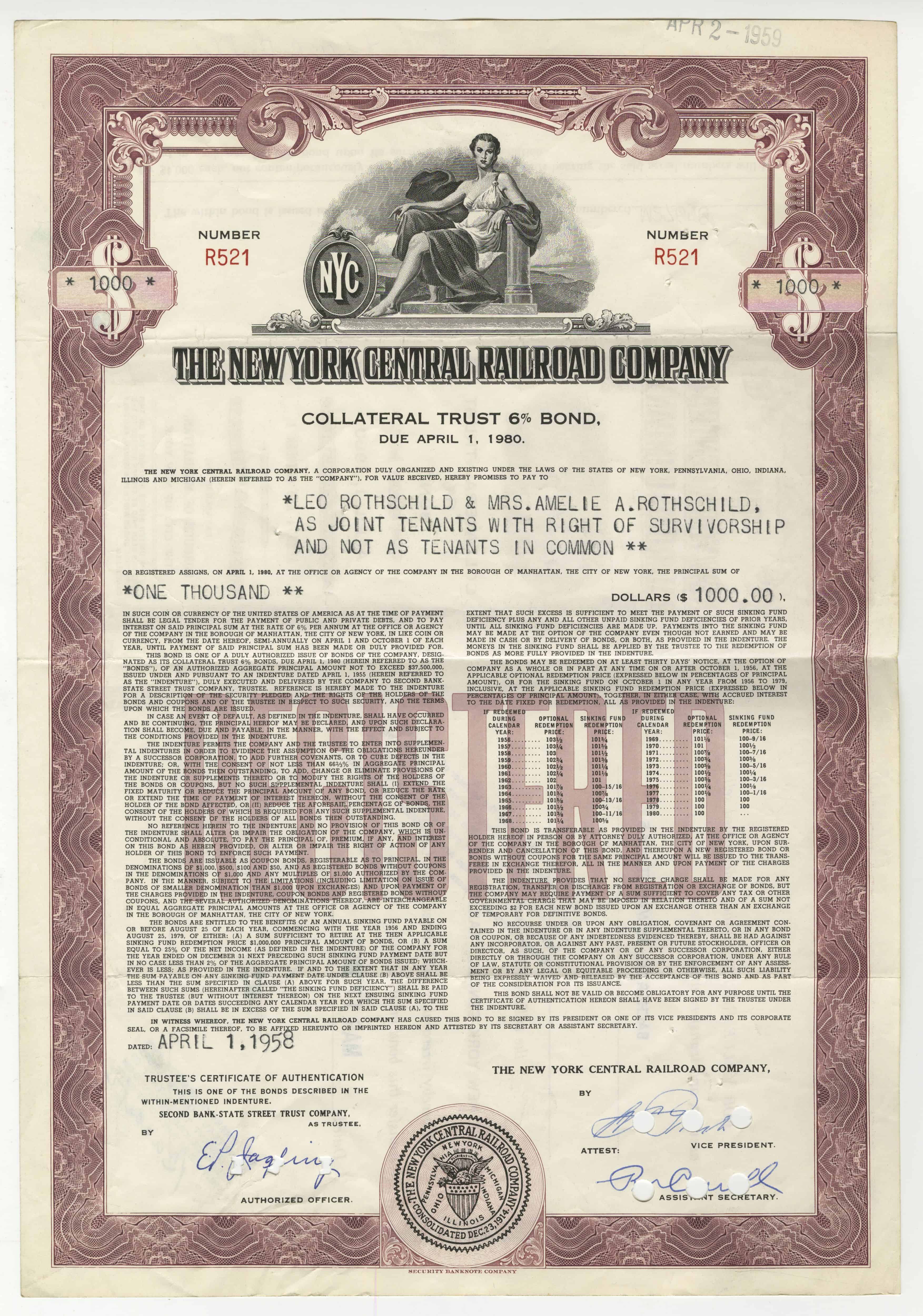 Obligacji The New York Central Railroad Company z 1 kwietnia 1958 roku