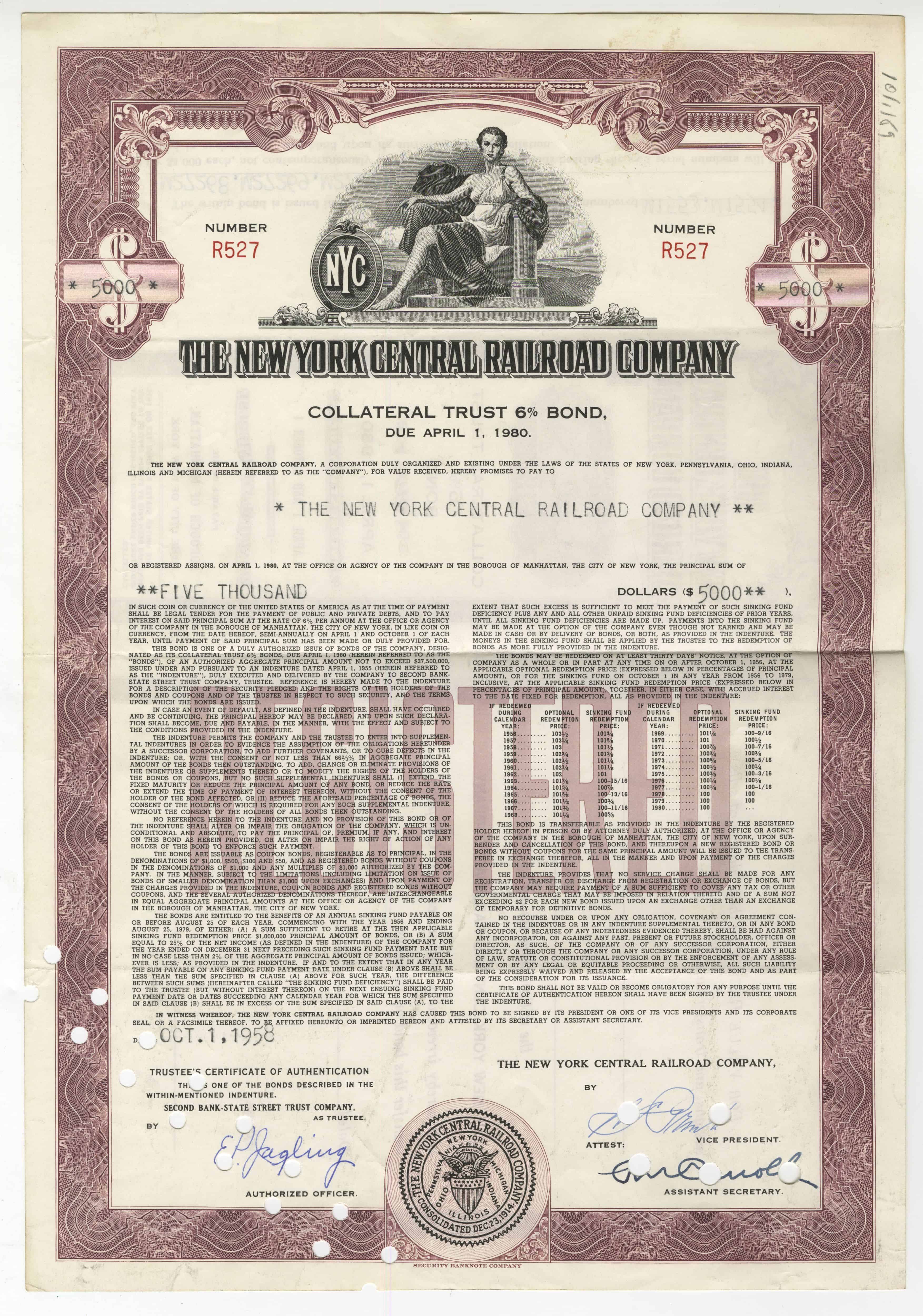 Obligacji The New York Central Railroad Company z 1 października 1958 roku