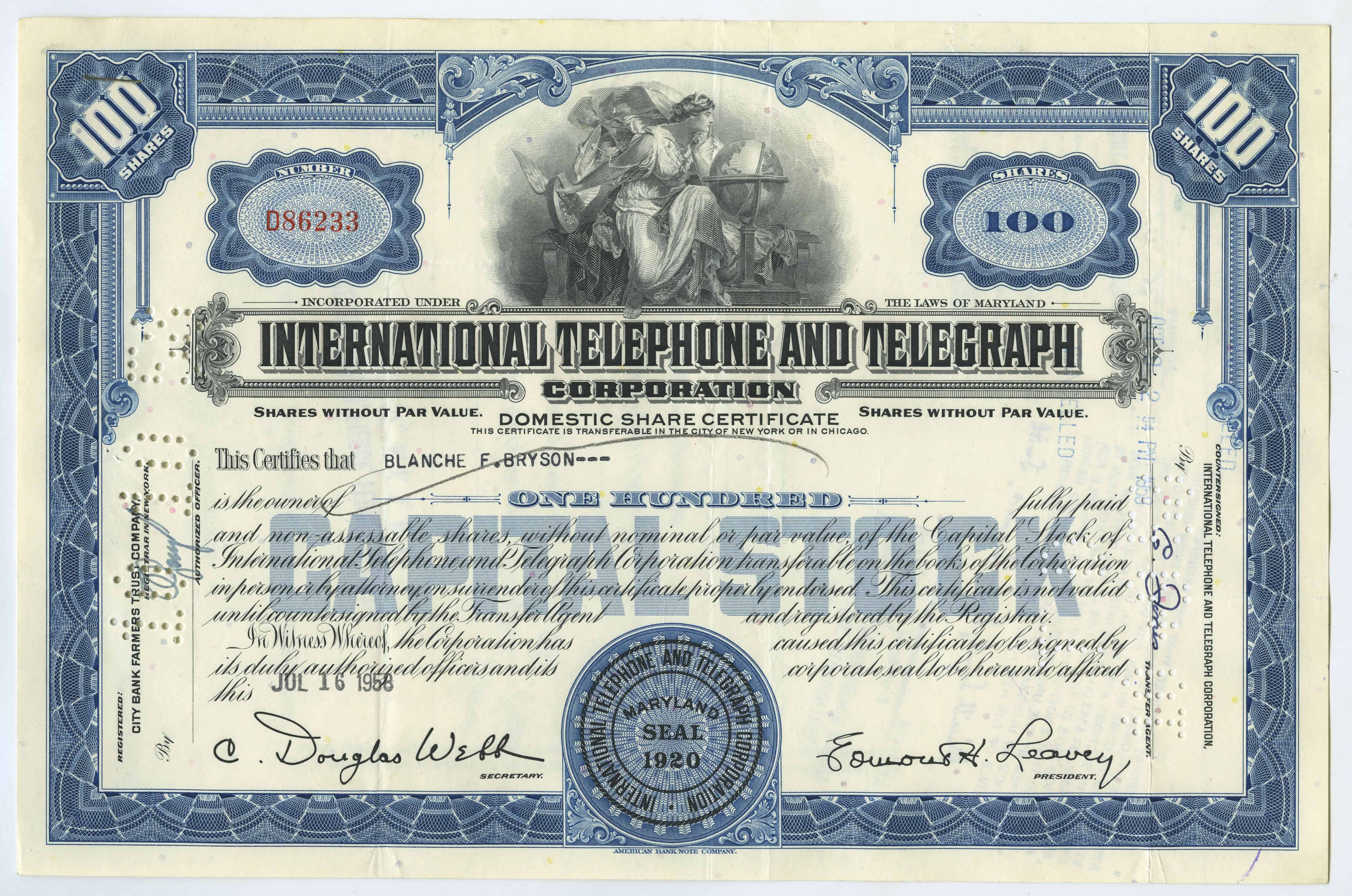 100 akcji spółki International Telephone and Telegraph Corporation z dnia 16 lipca 1958
