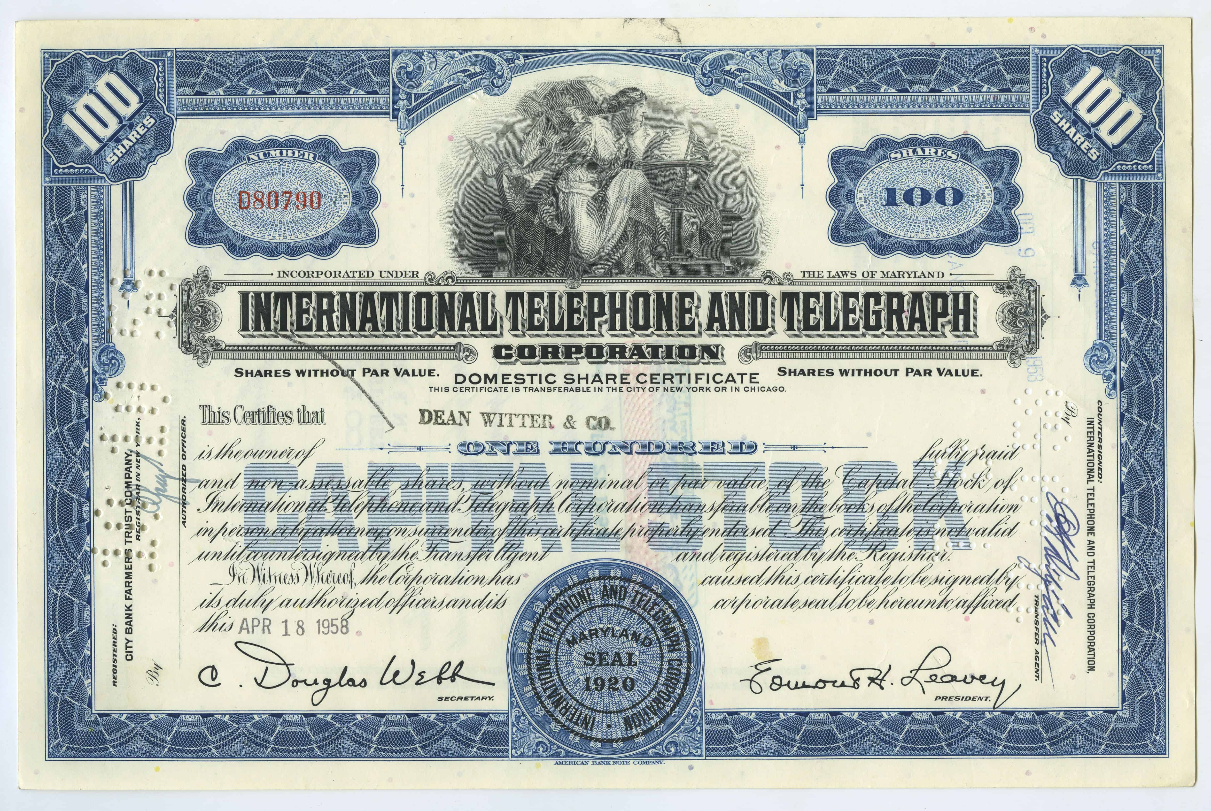 100 akcji spółki International Telephone and Telegraph Corporation z dnia 18 kwietnia 1958 roku