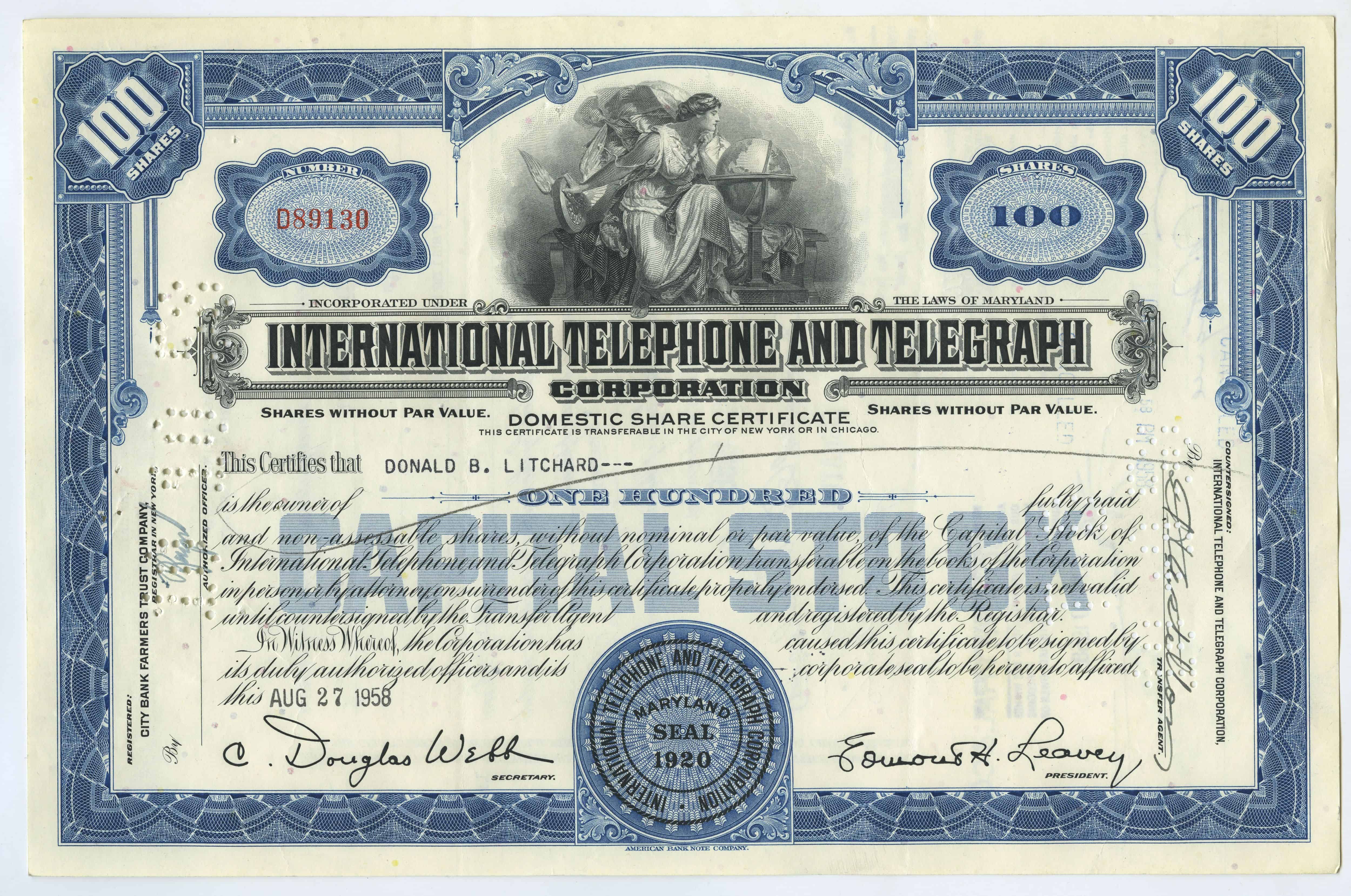 100 akcji spółki International Telephone and Telegraph Corporation z dnia 27 sierpnia 1958 roku