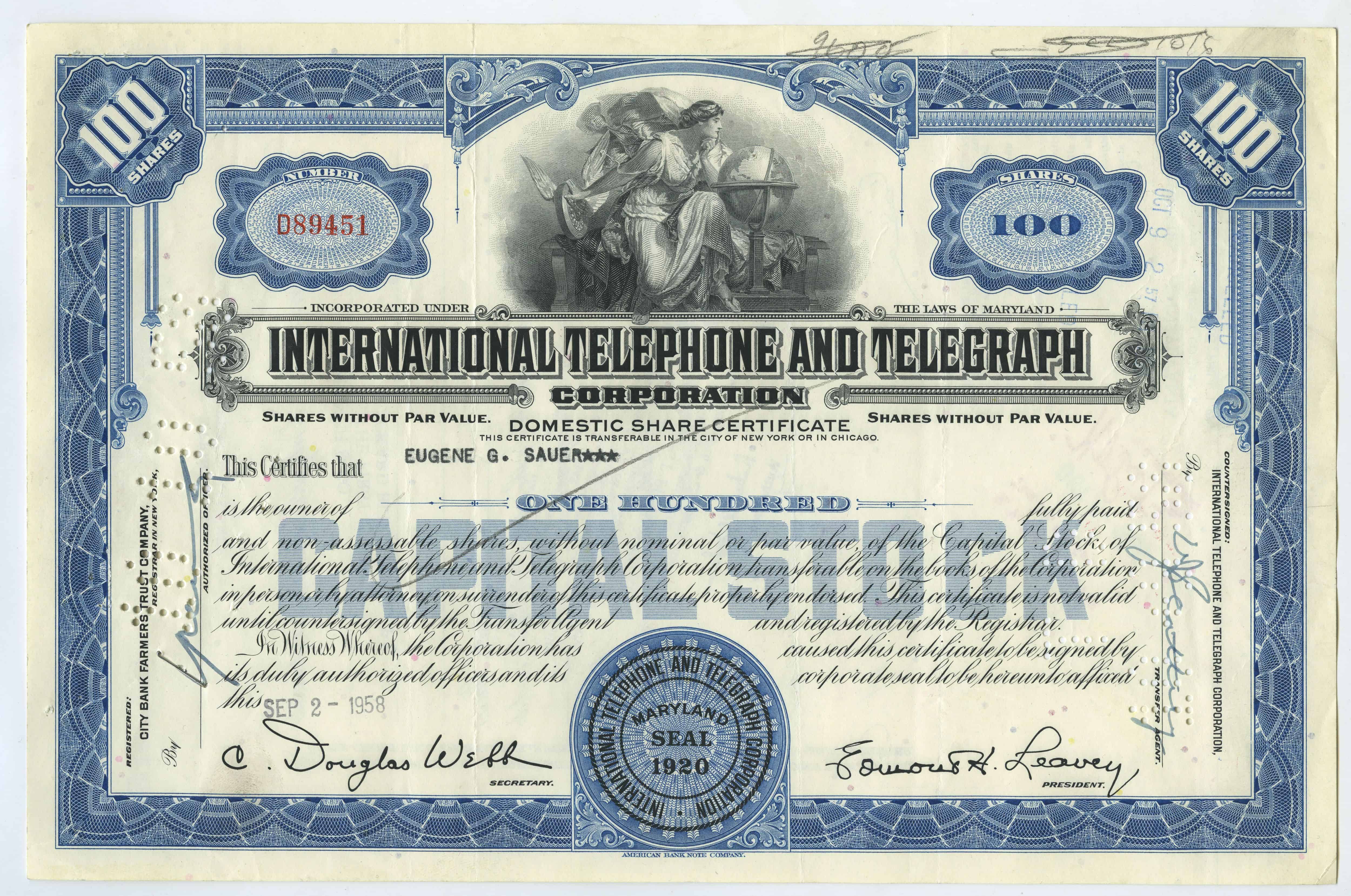 100 akcji spółki International Telephone and Telegraph Corporation z dnia 2 września 1958 roku