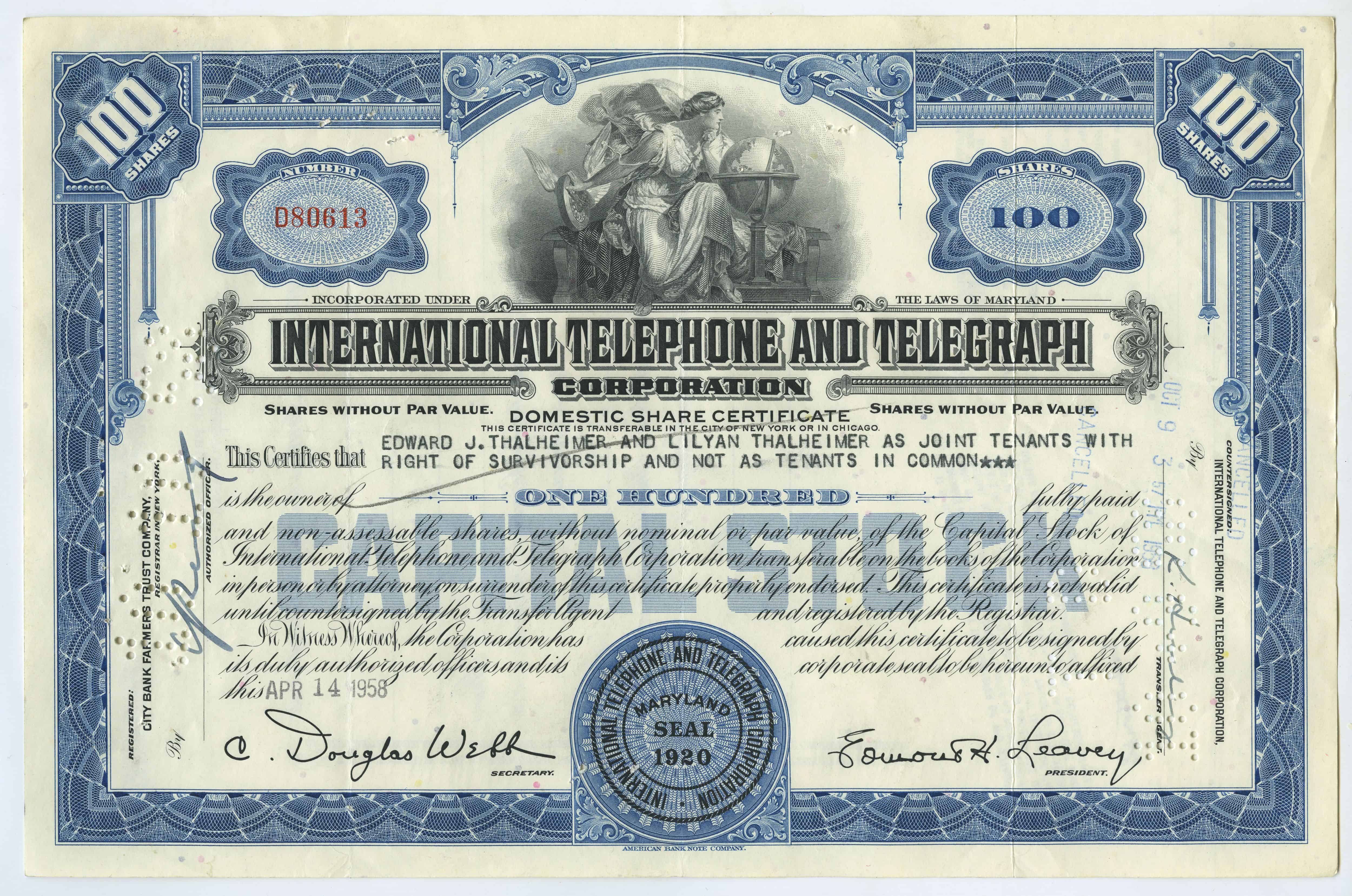 100 akcji spółki International Telephone and Telegraph Corporation z dnia 14 kwietnia 1958 roku