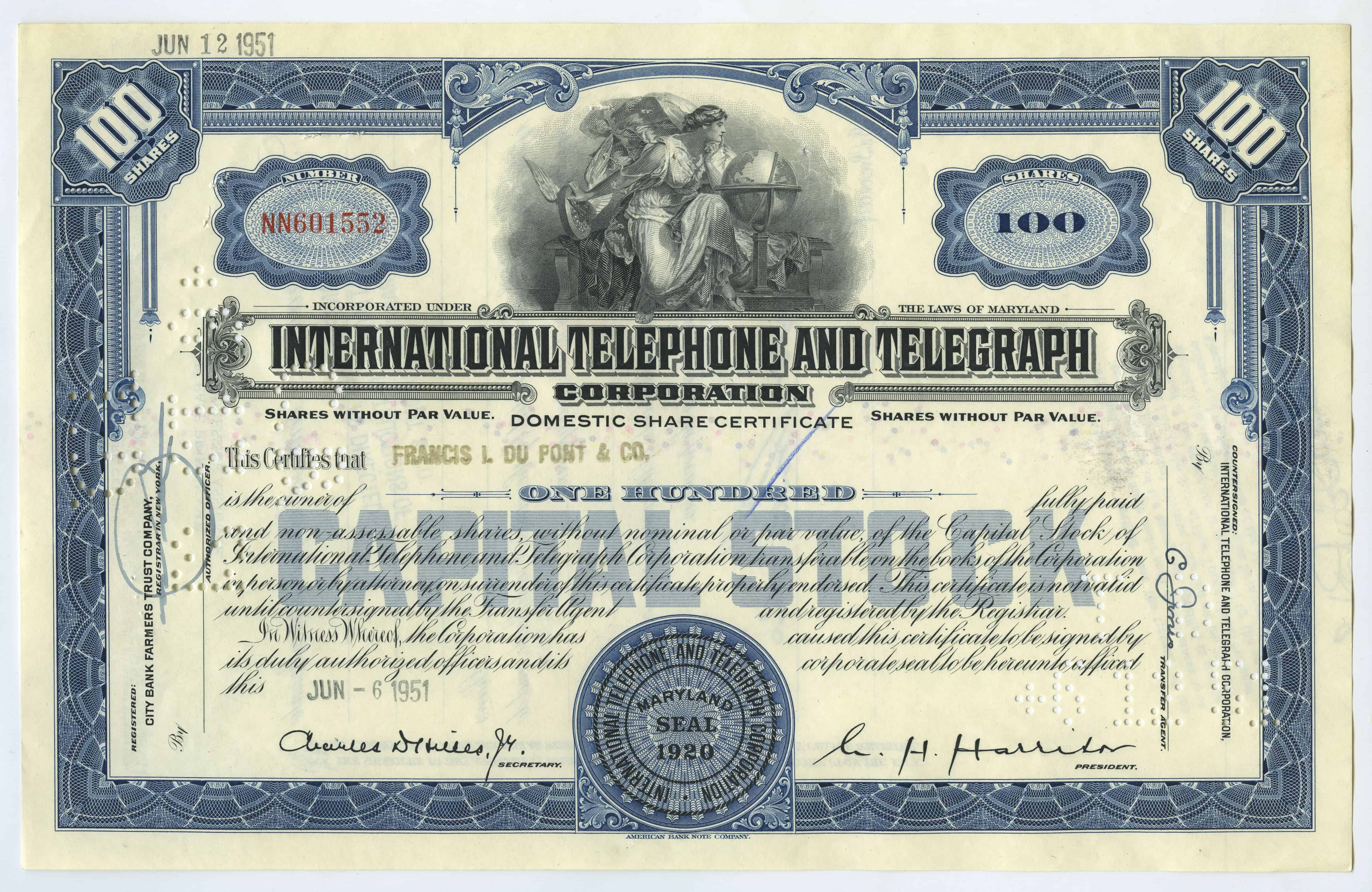100 akcji spółki International Telephone and Telegraph Corporation z dnia 6 czerwca 1951 roku