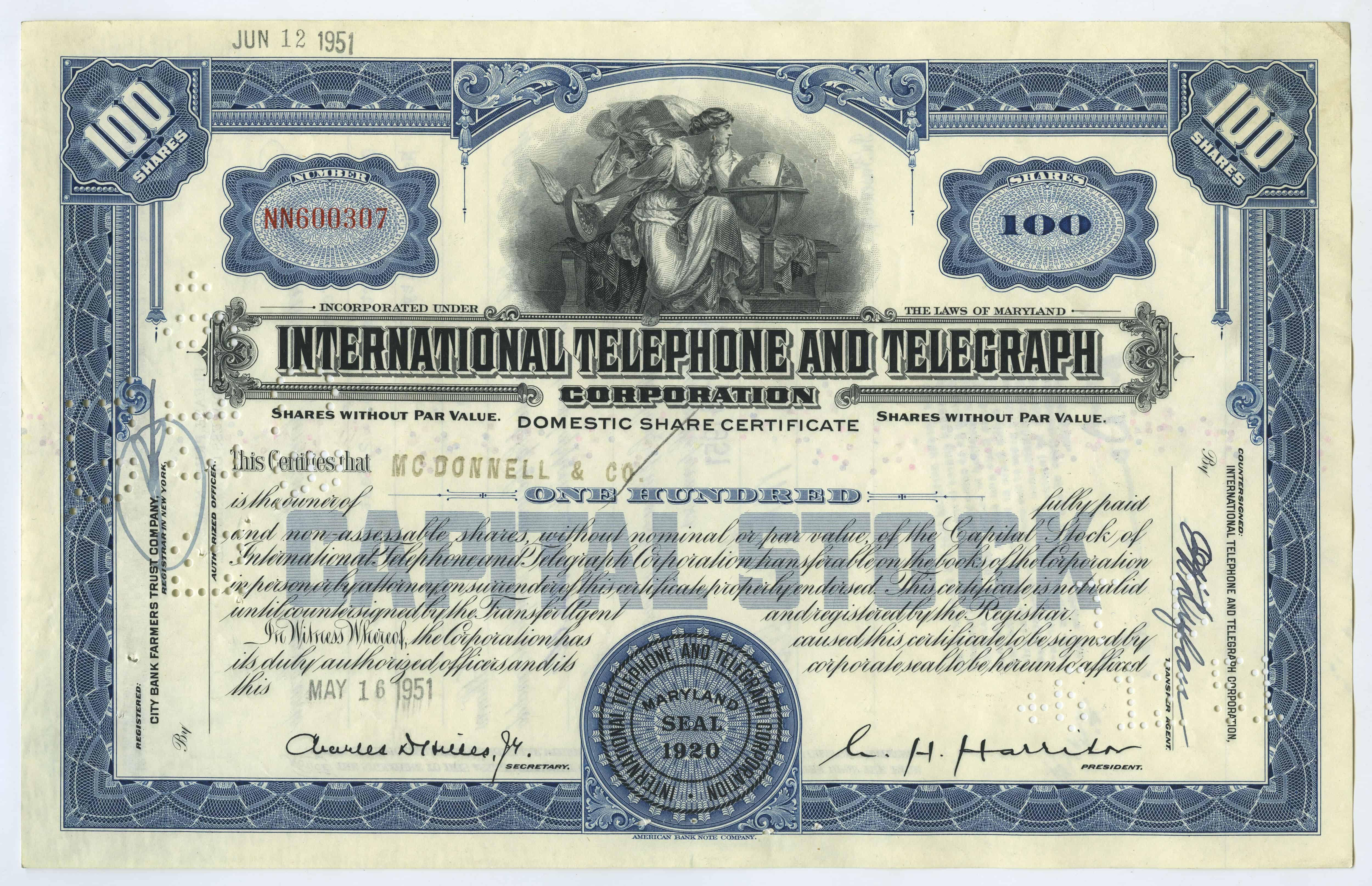 100 akcji spółki International Telephone and Telegraph Corporation z dnia 16 maja 1951 roku