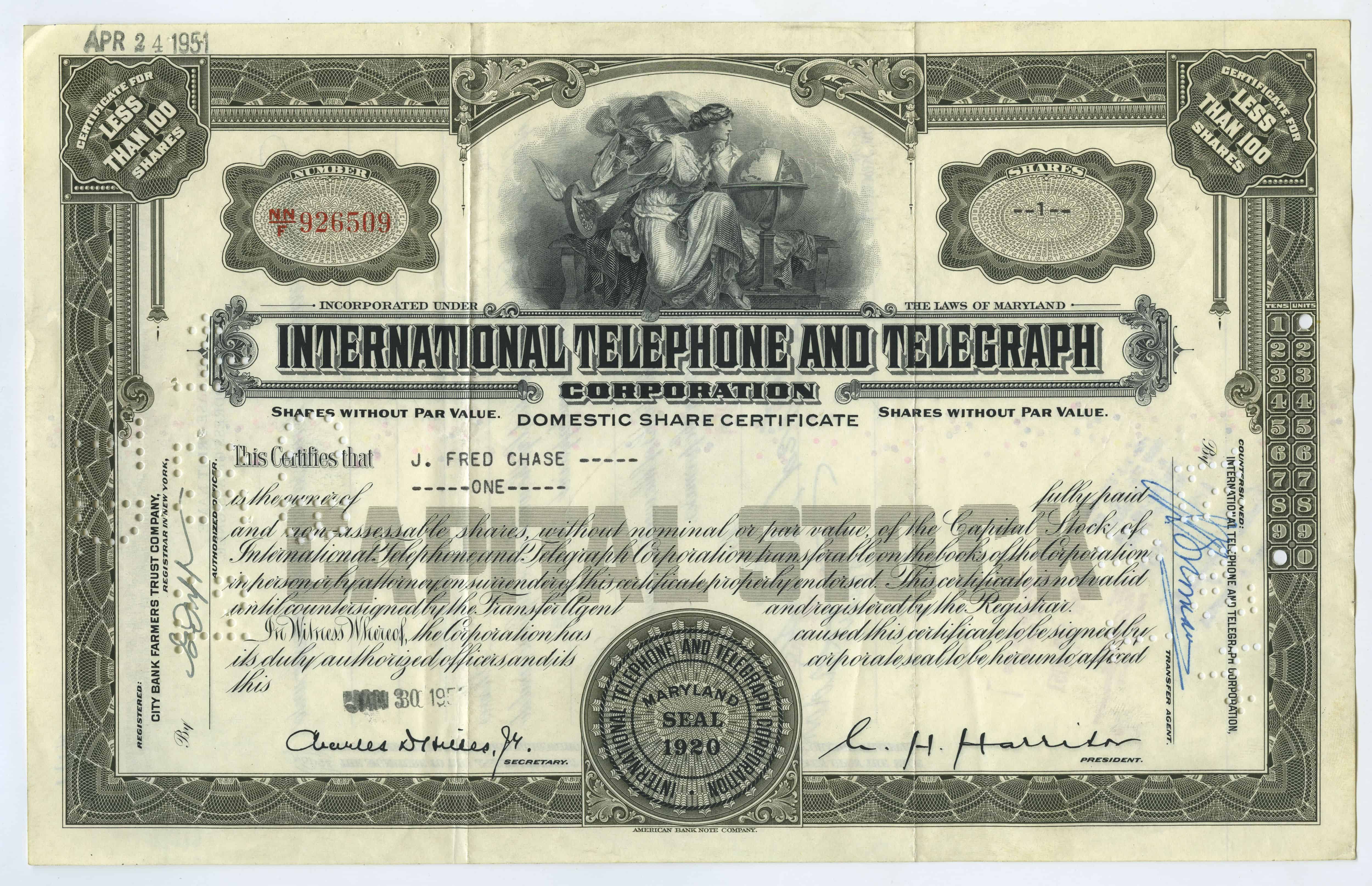 1 akcja spółki International Telephone and Telegraph Corporation