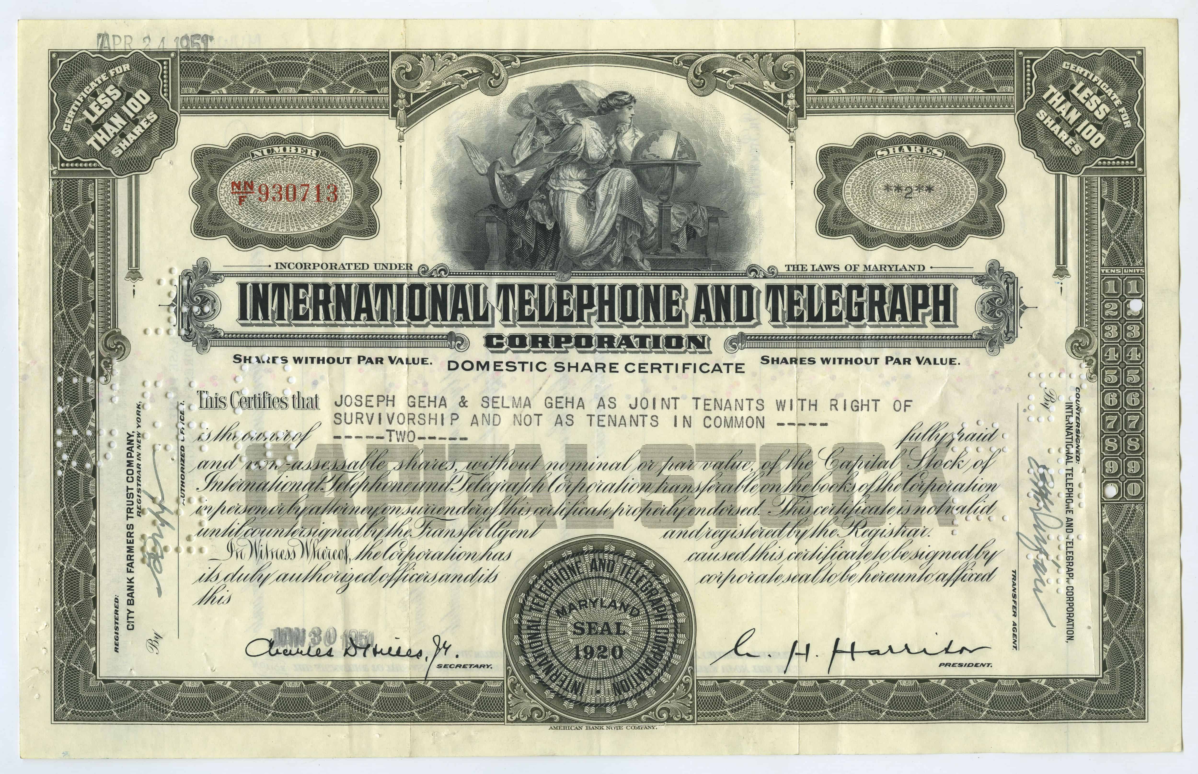 2 akcje spółki International Telephone and Telegraph Corporation z dnia 30 stycznia 1951 roku
