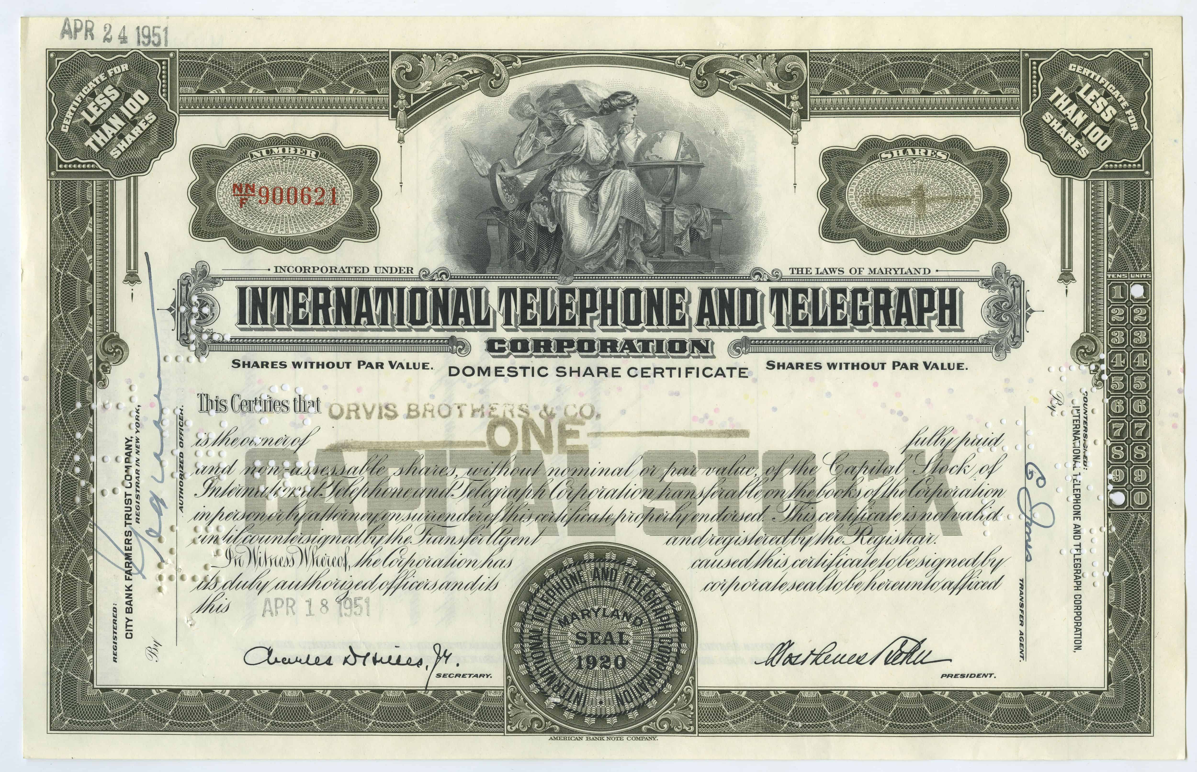 1 akcja spółki International Telephone and Telegraph Corporation z dnia 18 kwietnia 1951 roku