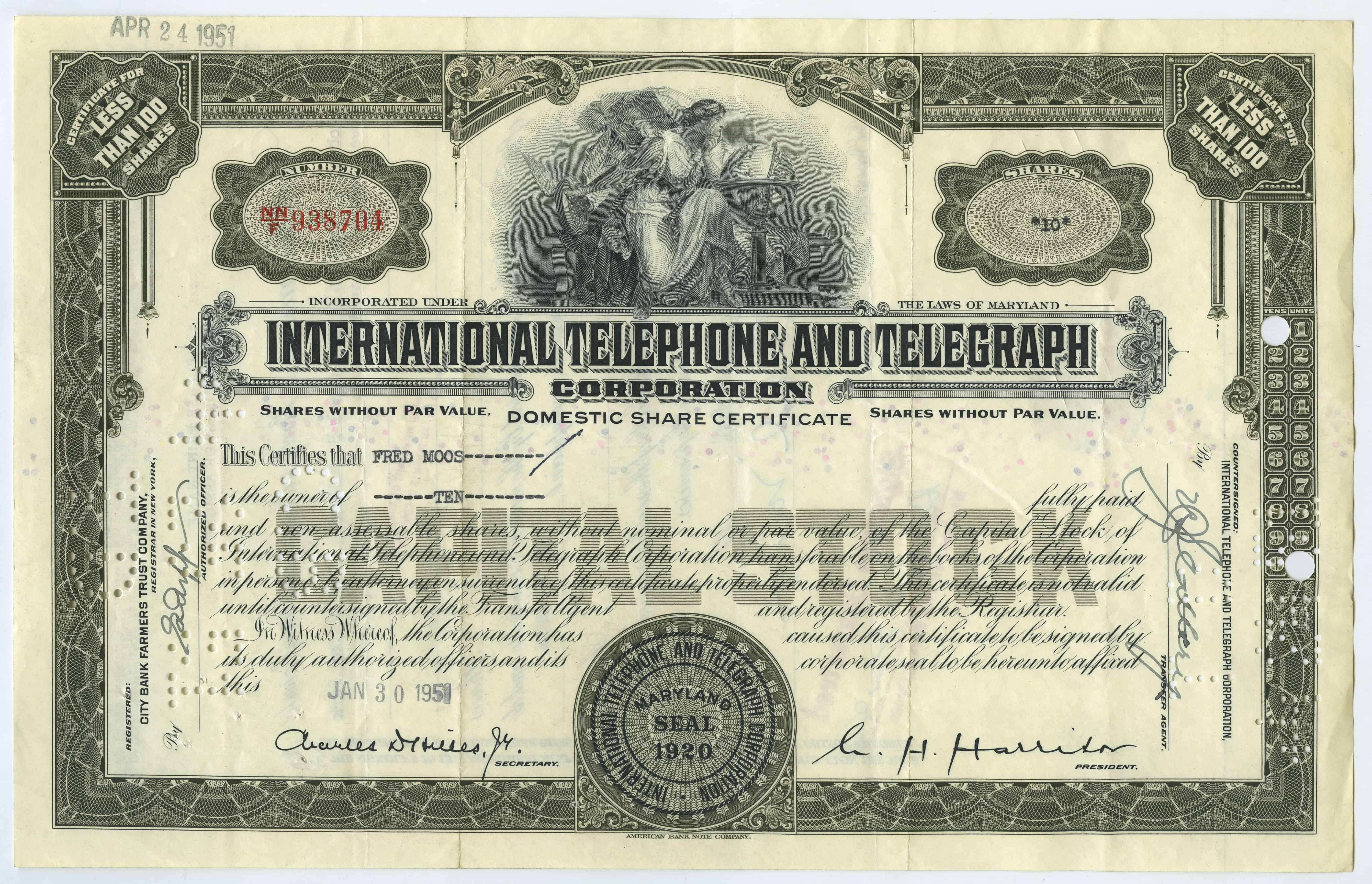 10 akcji spółki International Telephone and Telegraph Corporation z dnia 30 stycznia 1951 roku