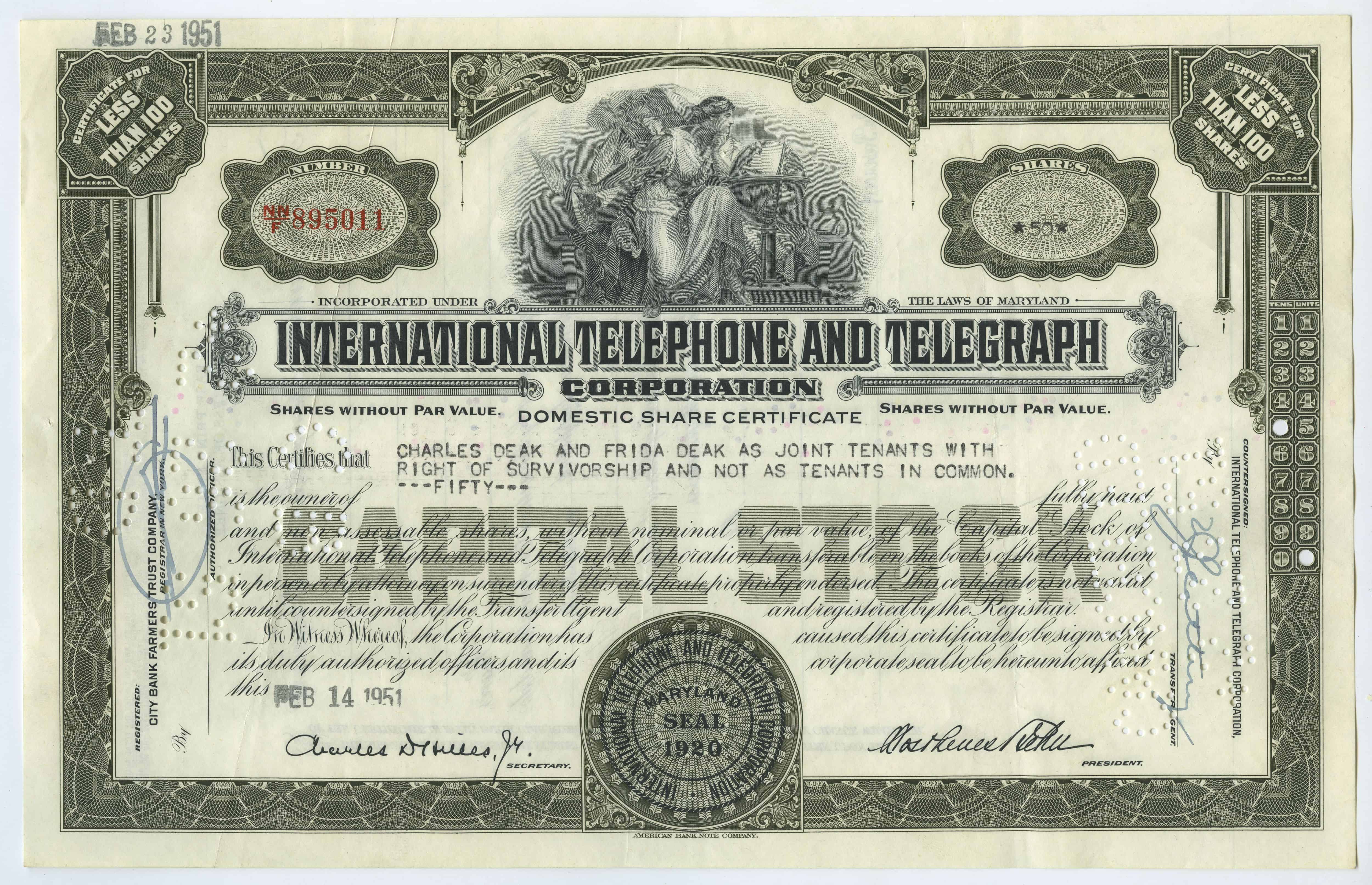 50 akcji spółki International Telephone and Telegraph Corporation z dnia 14 lutego 1951 roku