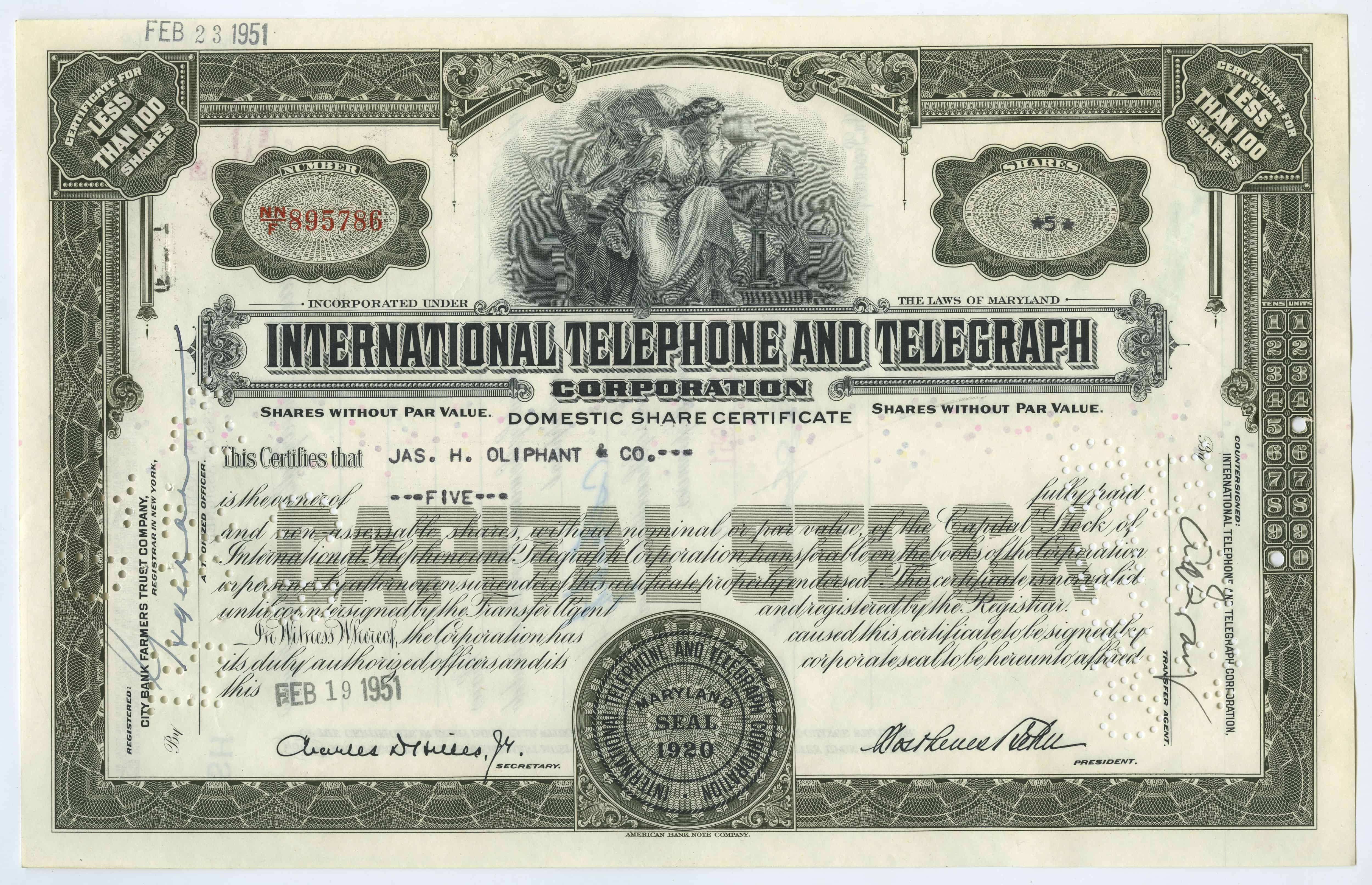 5 akcji spółki International Telephone and Telegraph Corporation z dnia 19 lutego 1951 roku