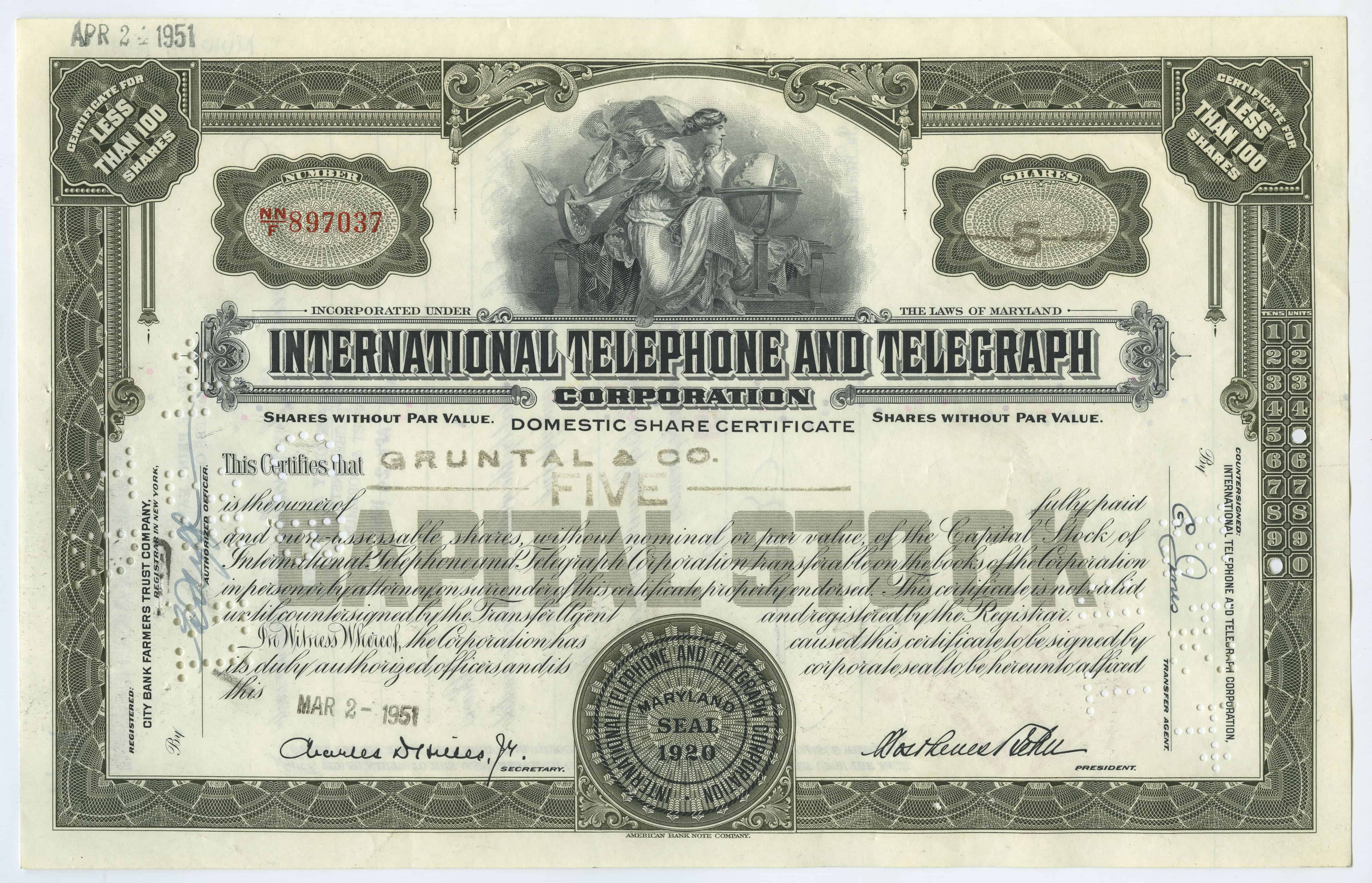 5 akcji spółki International Telephone and Telegraph Corporation z dnia 2 marca 1951 roku