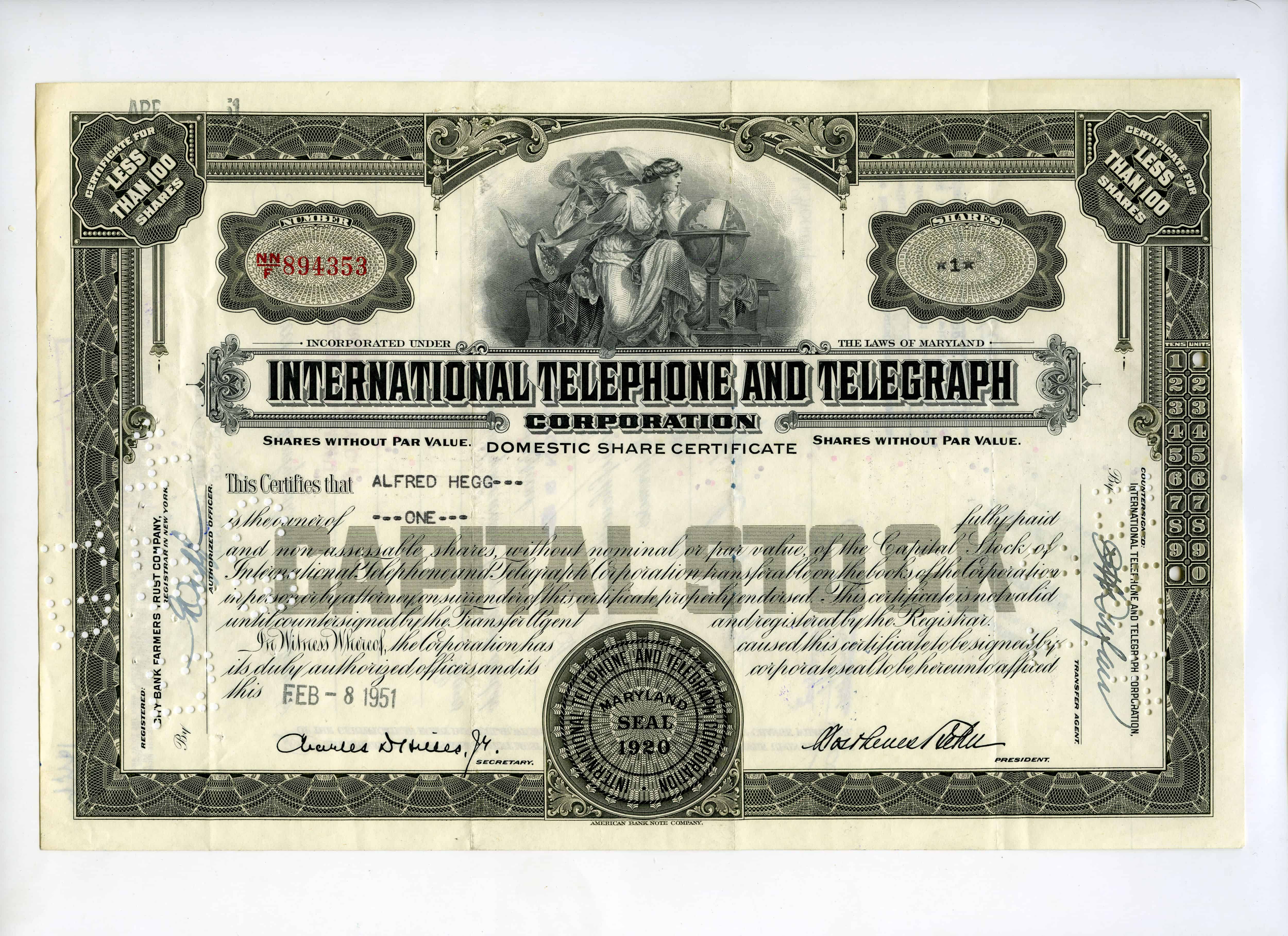 1 akcja spółki International Telephone and Telegraph Corporation z dnia 8 lutego 1951 roku