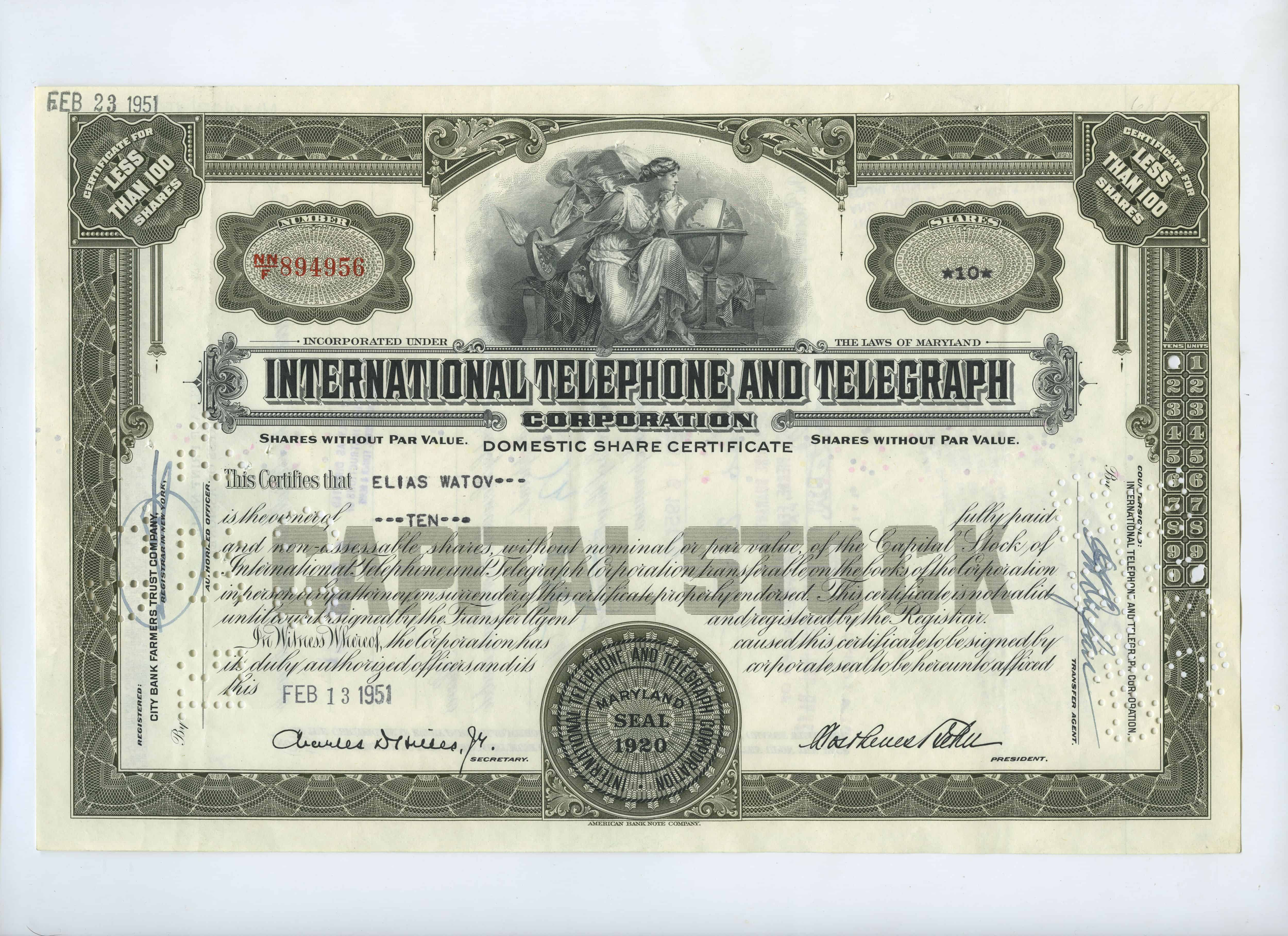 10 akcji spółki International Telephone and Telegraph Corporation z dnia 13 lutego 1951 roku
