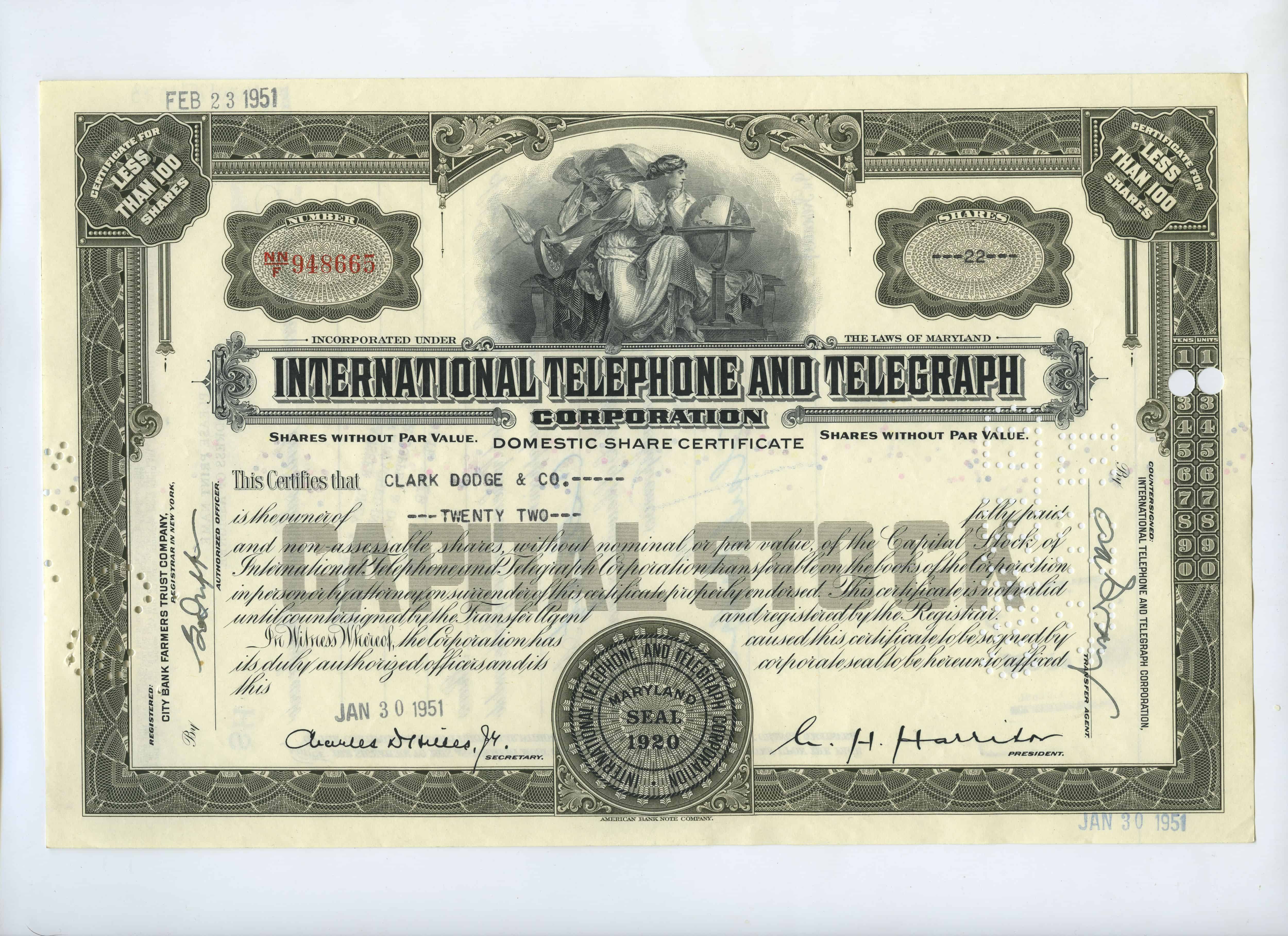 22 akcje spółki International Telephone and Telegraph Corporation z dnia 30 stycznia 1951 roku