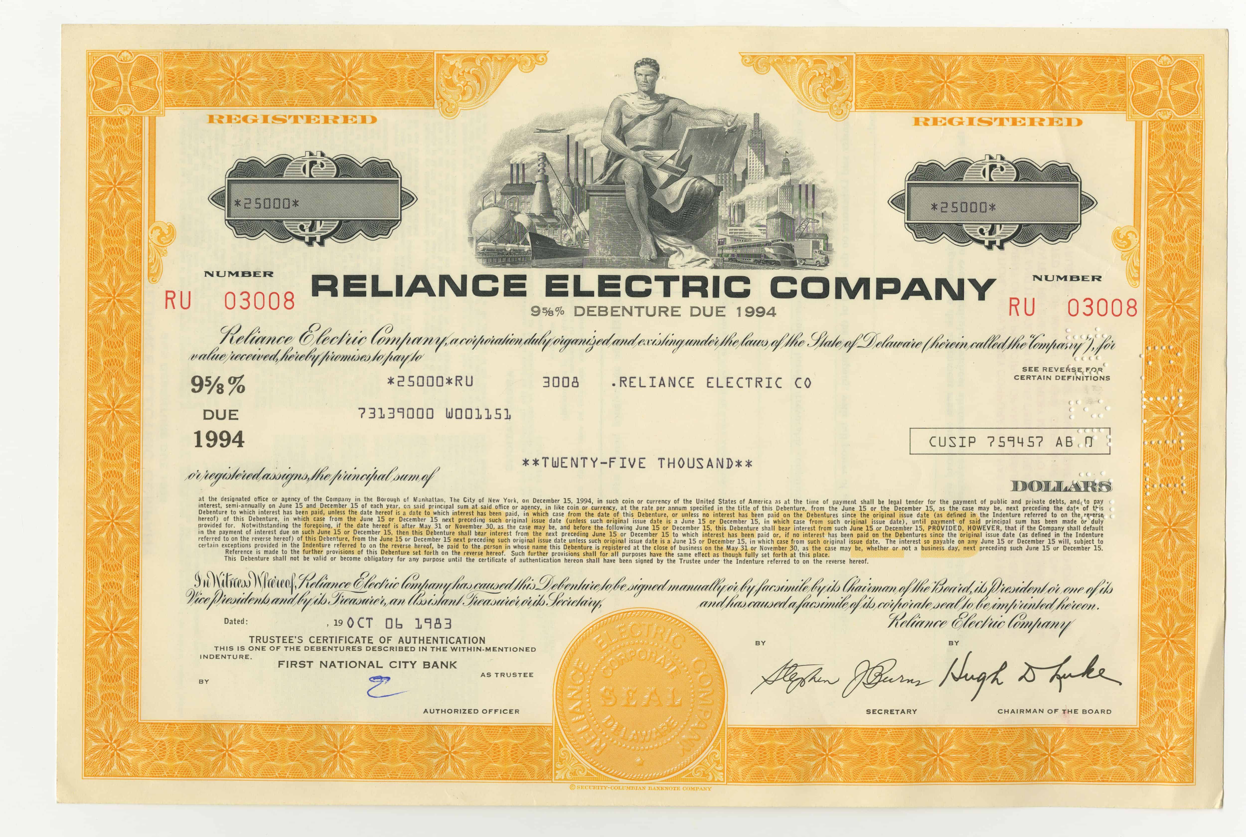 Obligacje Reliance Electric Company o wartości 25000 dolarów