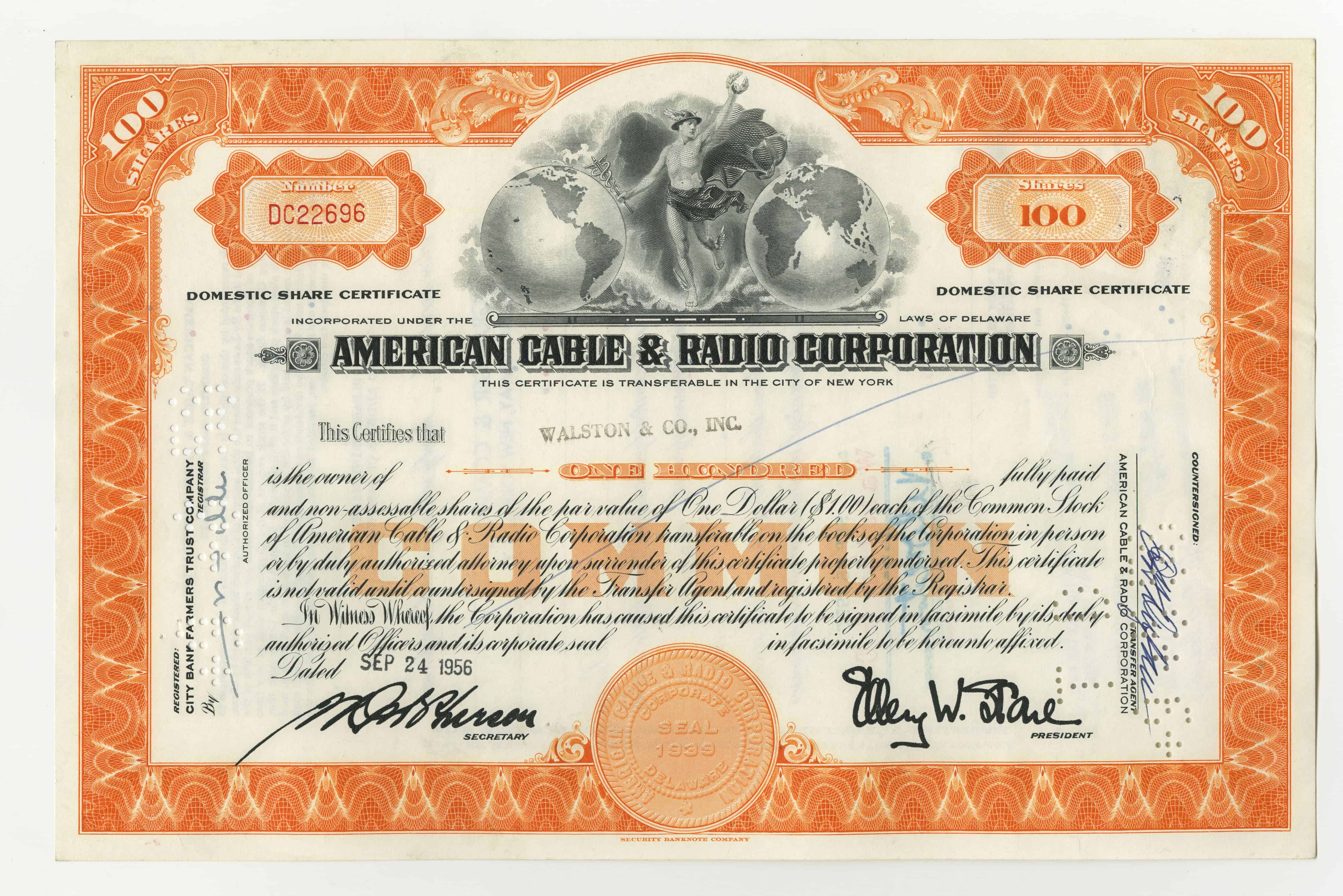 100 akcji spółki American Cable & Radio Corporation z dnia 24 września 1956 roku