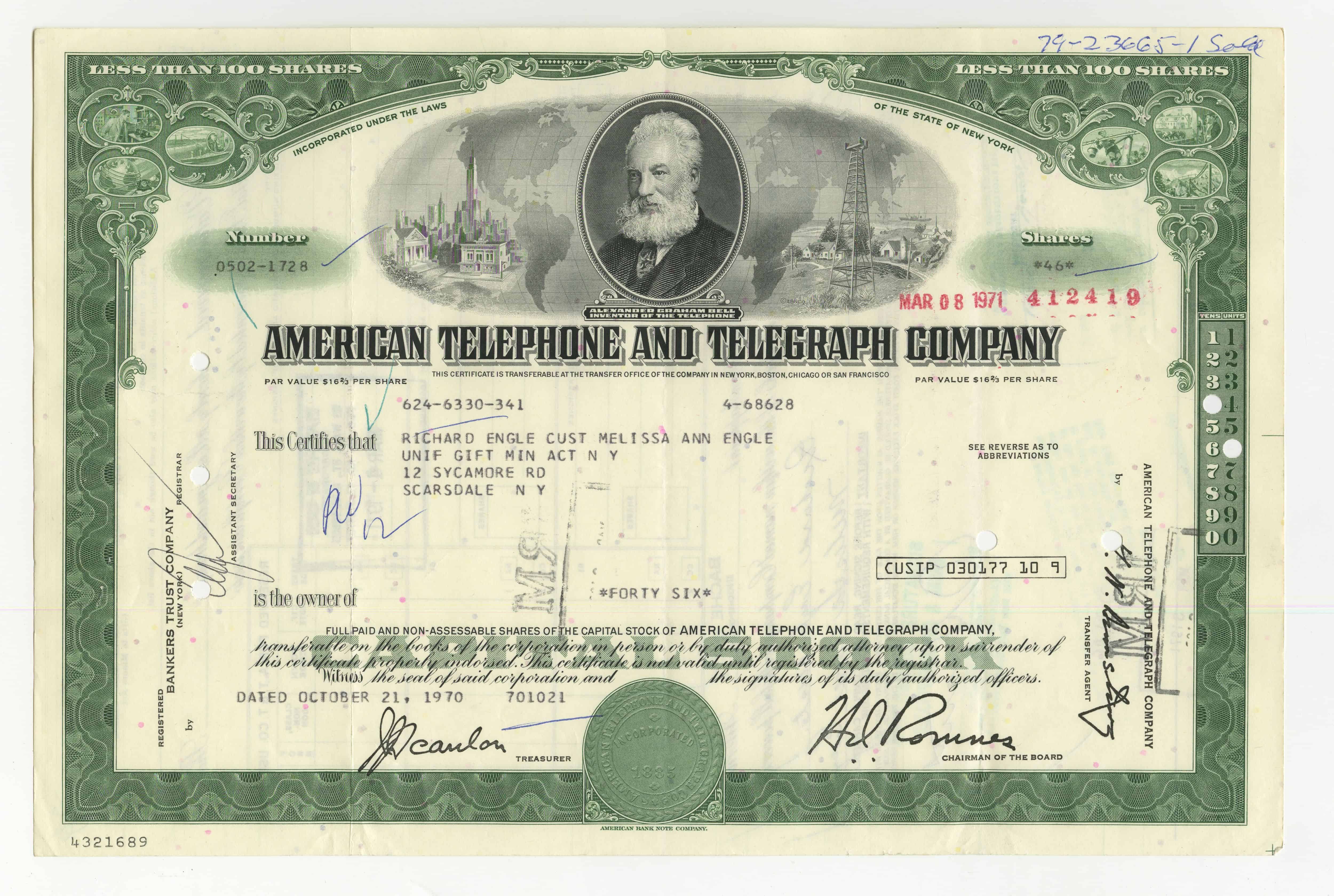 46 akcji spółki American Telephone and Telegraph Company z dnia 21 października 1970 roku