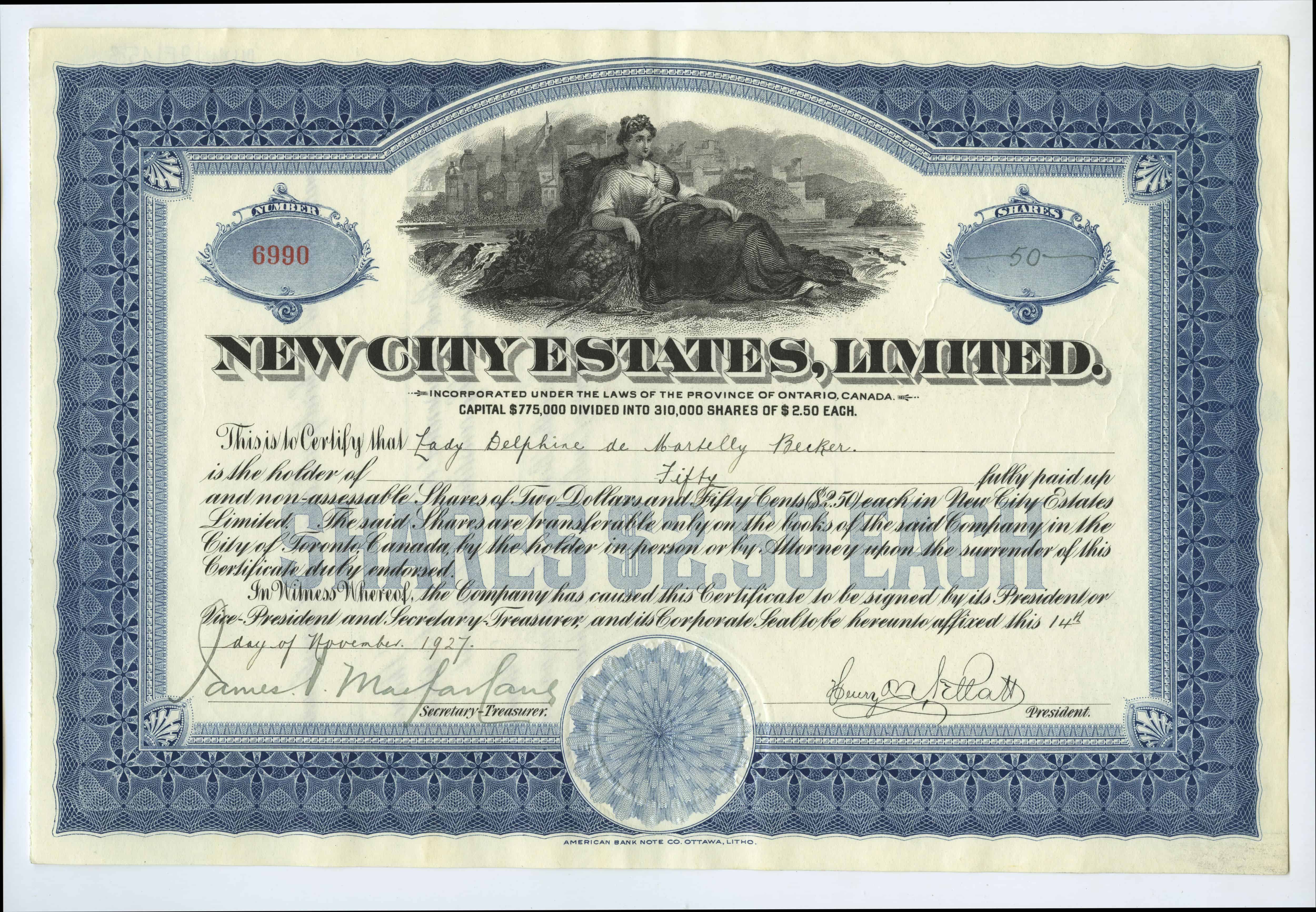 50 akcji spółki New City Estates Limited z dnia 14 listopada 1927 roku