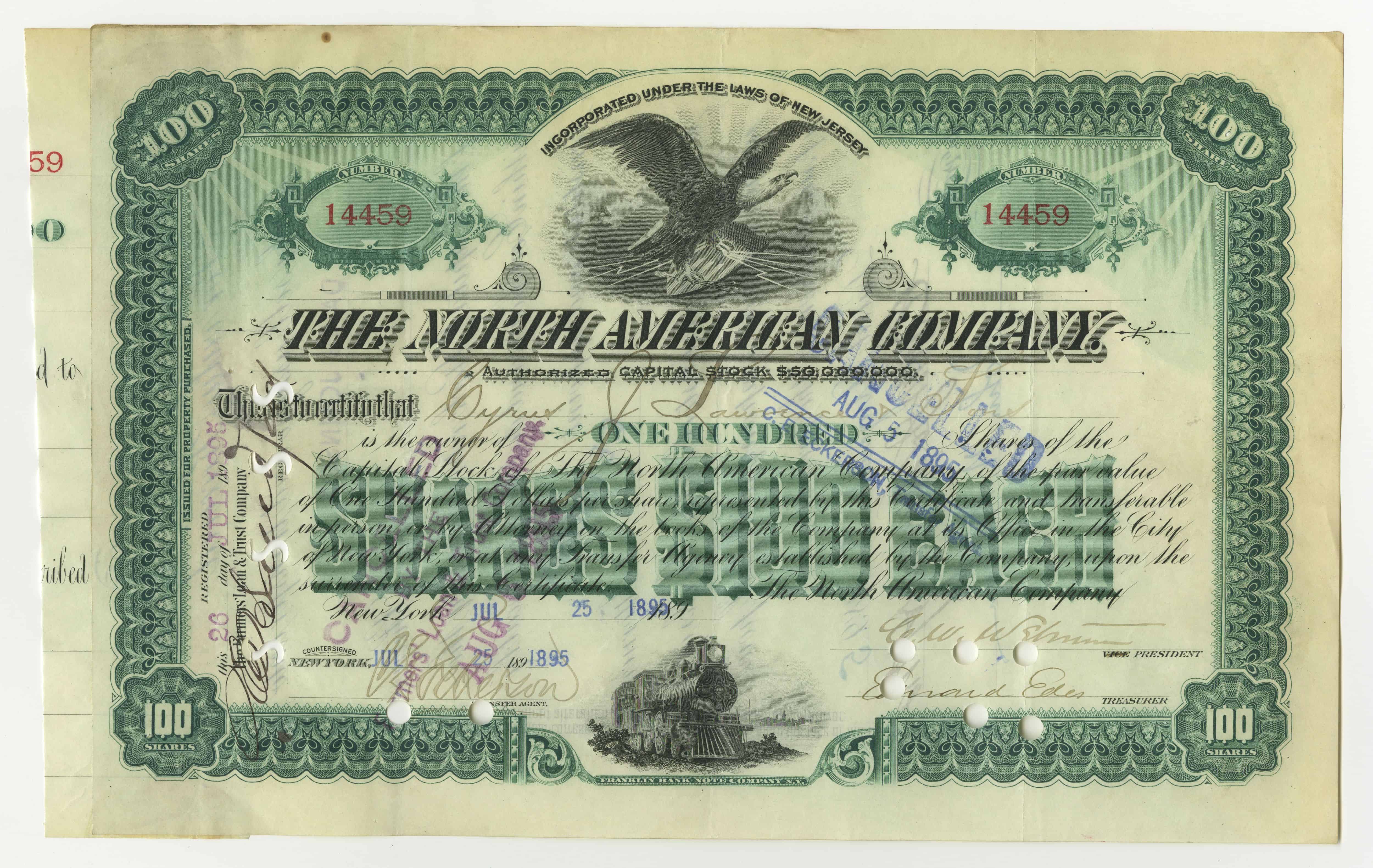 100 akcji spółki The North American Company z dnia 25 lipca 1895 roku