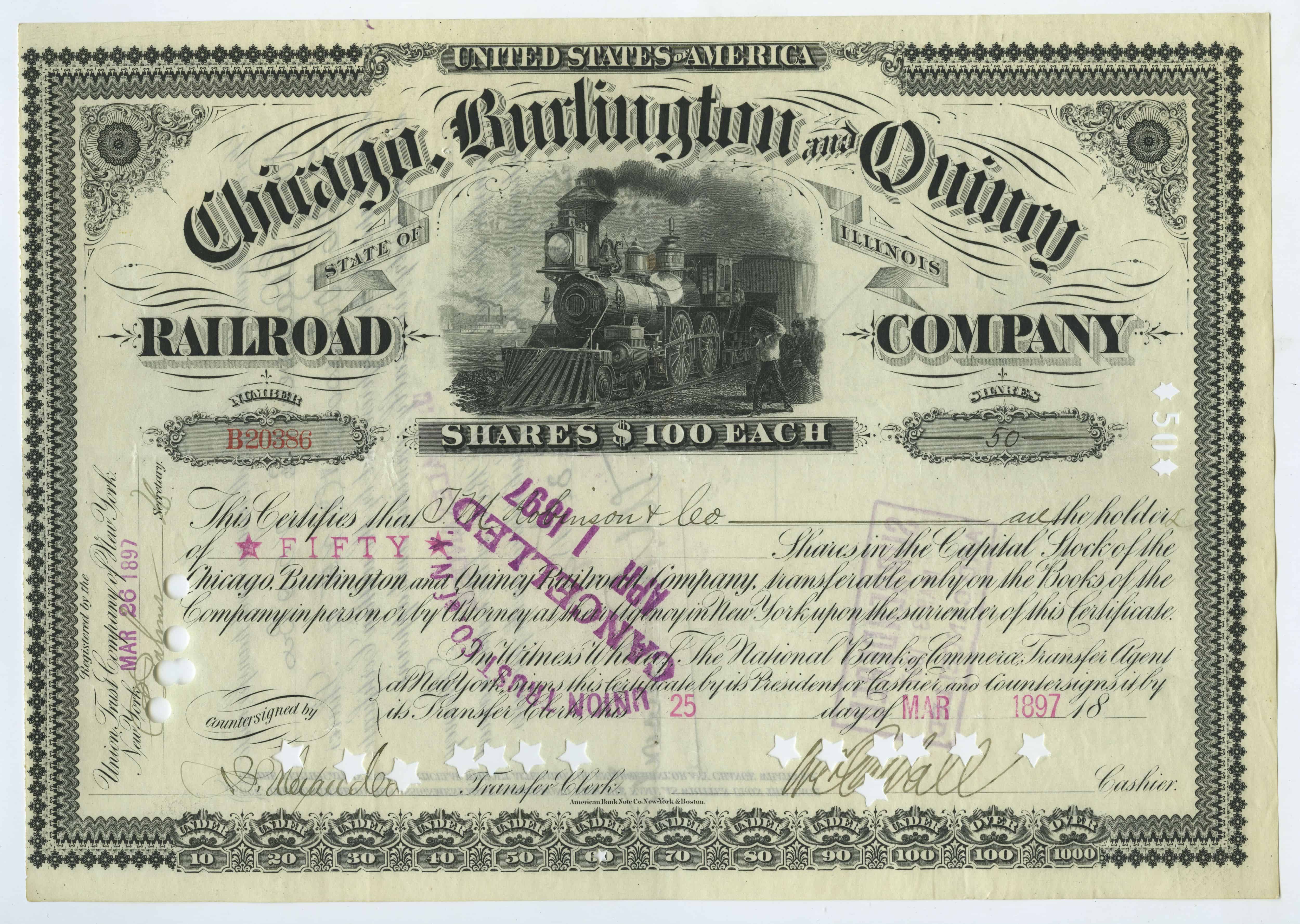 50 akcji spóki Chicago, Burlington and Quincy Railroad Company z dnia 25 marca 1897 roku