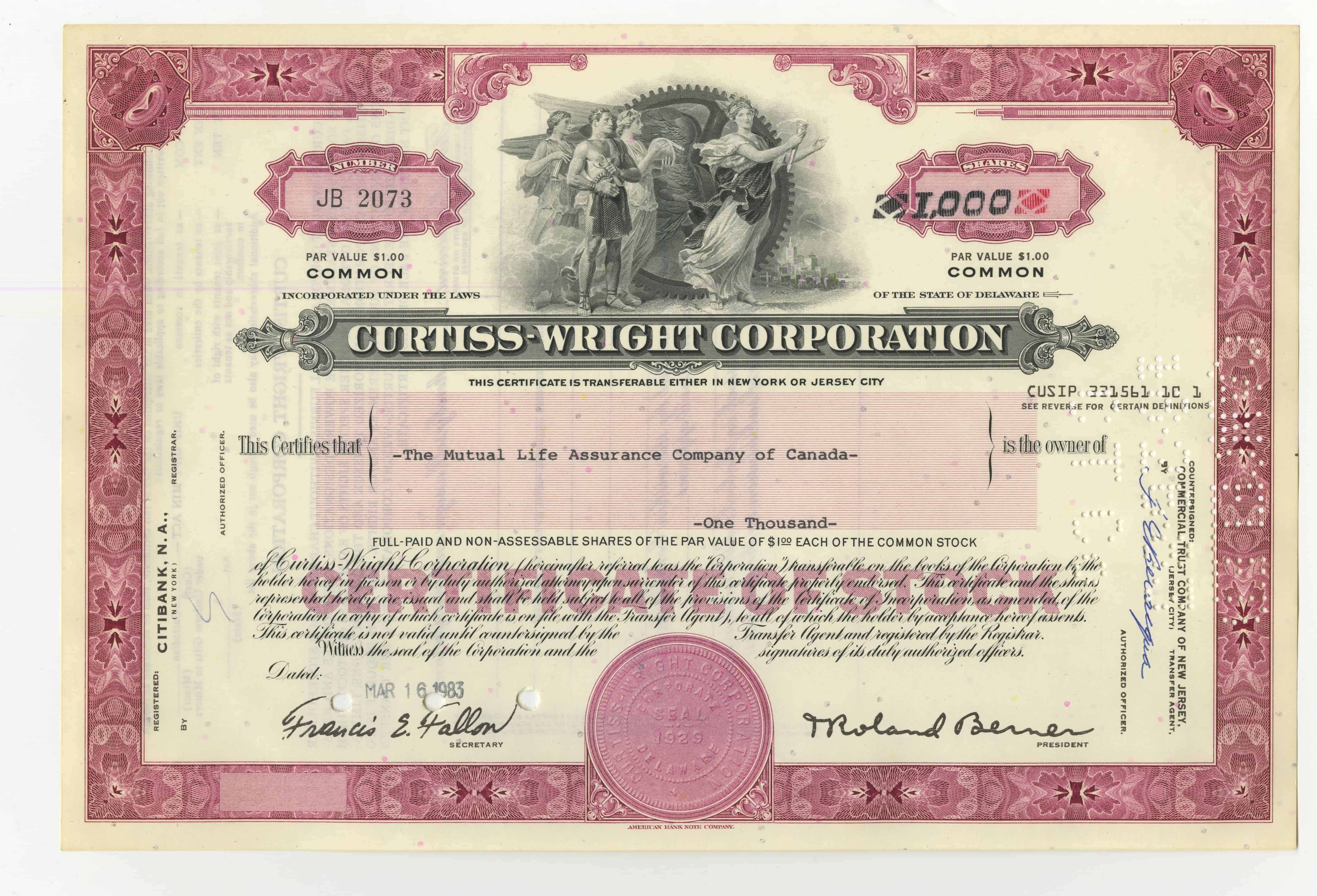 1000 akcji spółki Curtiss - Wright Corporation z dnia 16 marca 1983 roku