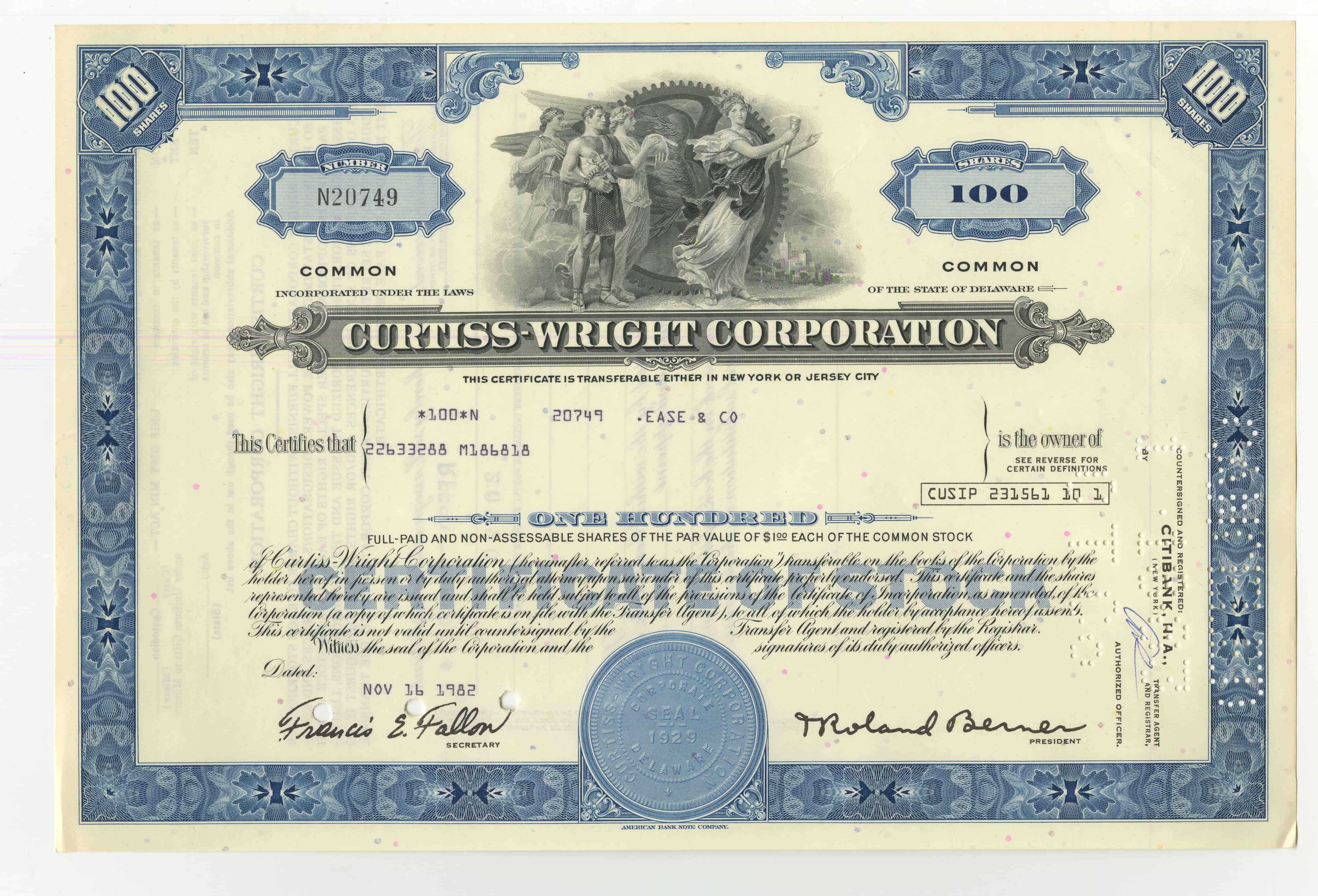 100 akcji spółki Curtiss - Wright Corporation z dnia 16 listopada 1982 roku
