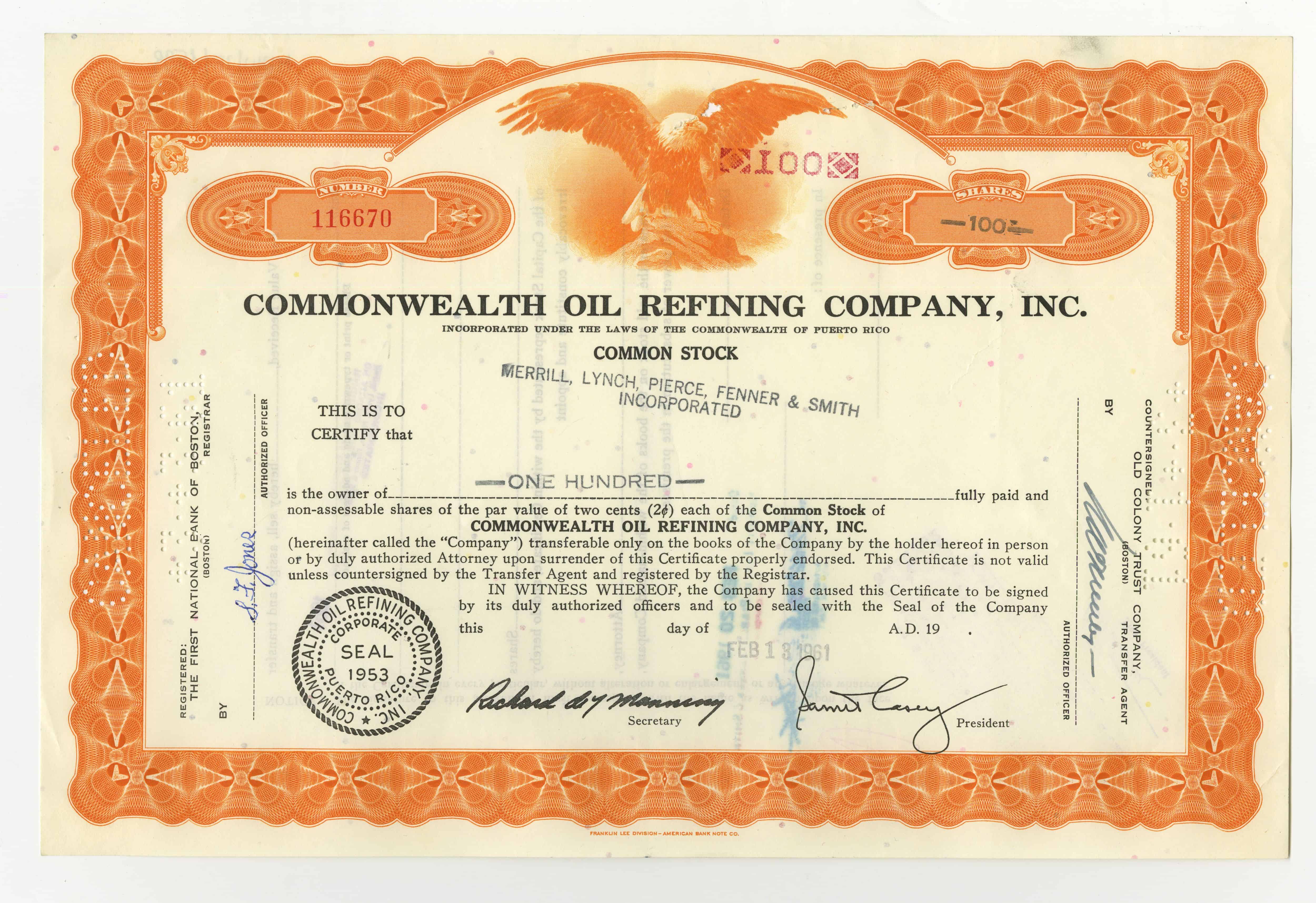 100 akcji spółki Commonwealth Oil Refining Company, Inc. z dnia 13 lutego 1961 roku