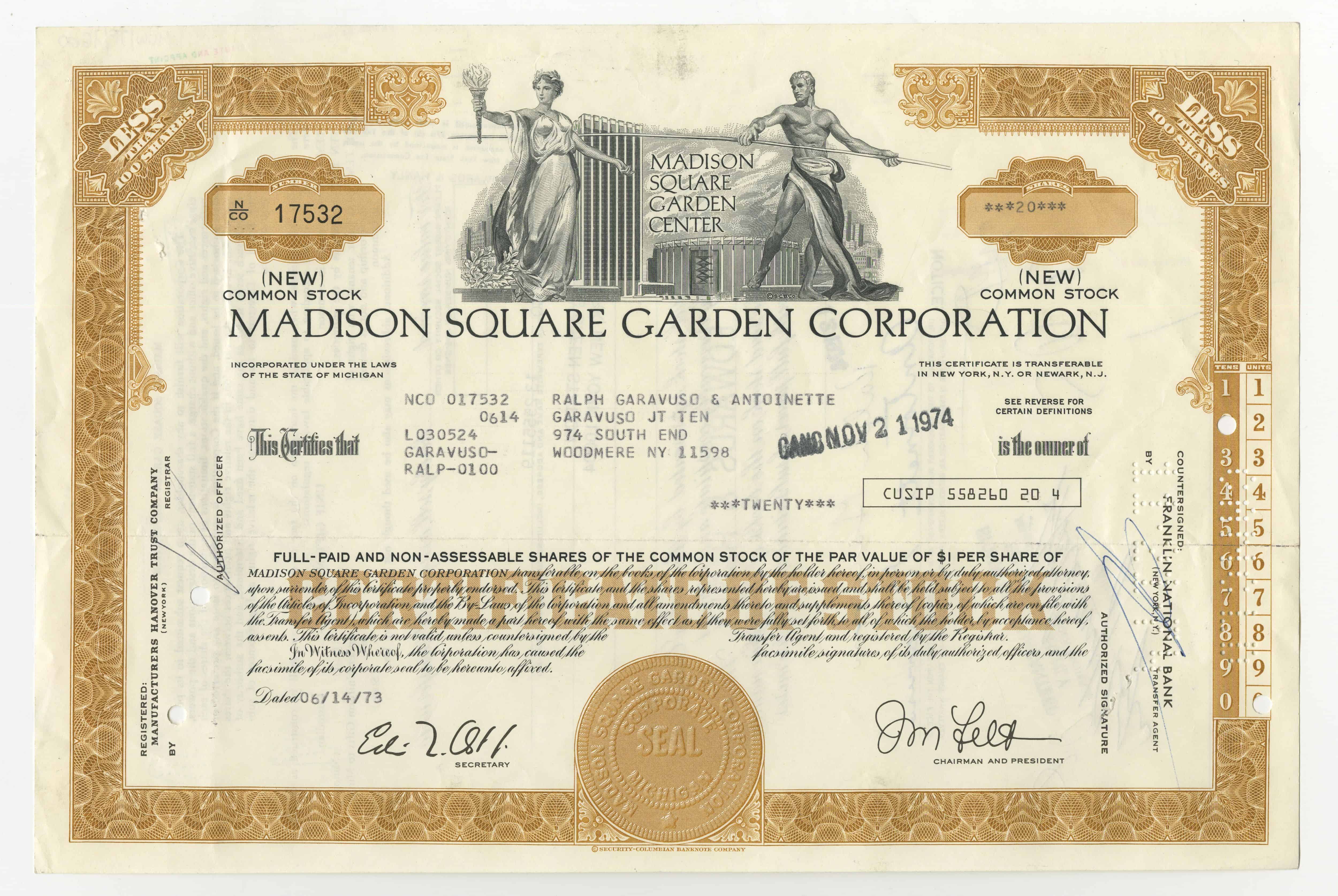 20 akcji spółki Madison Square Garden Corporation z dnia 14 czerwca 1973 roku