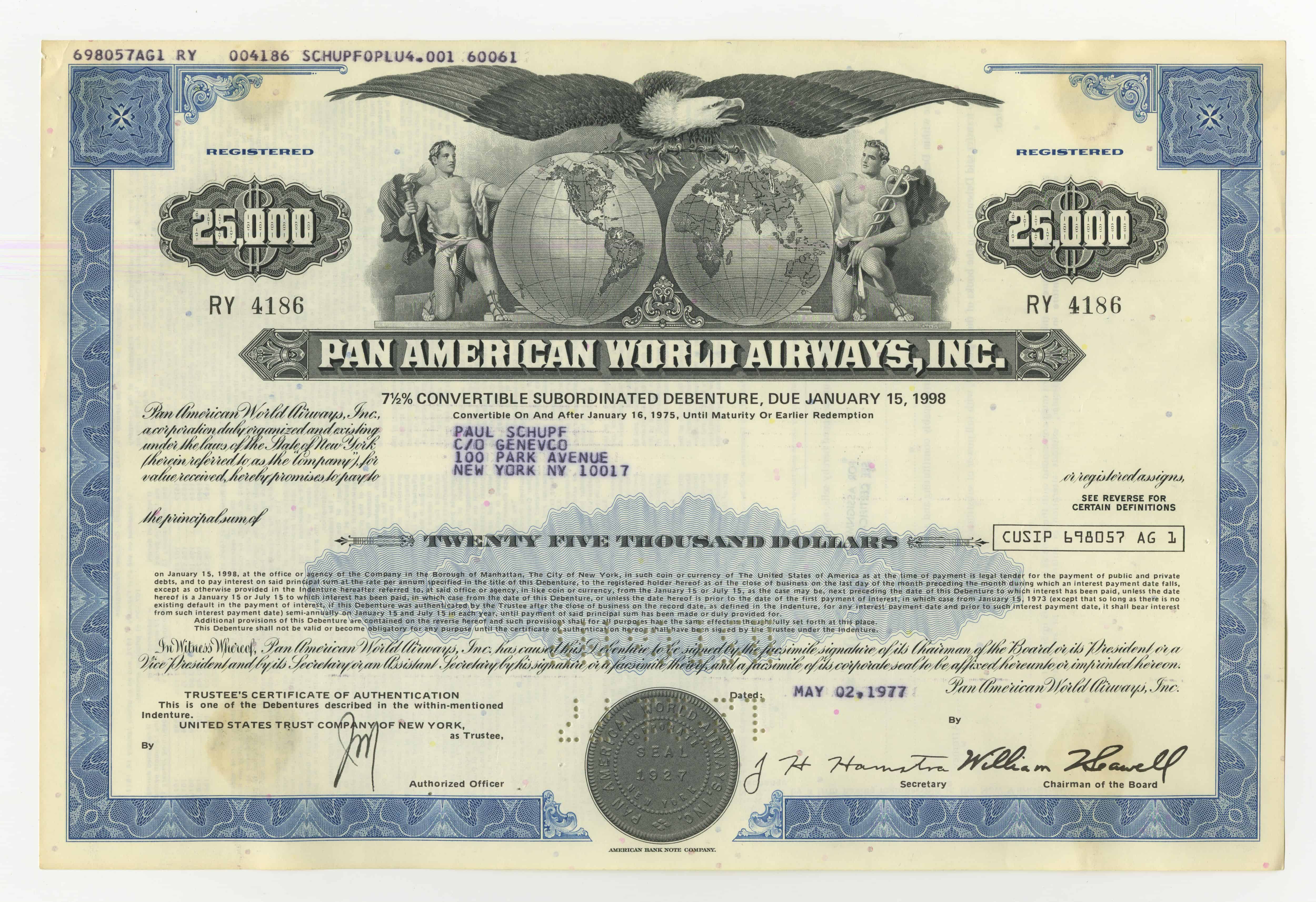 Obligacje Pan American World Airways, Inc. o wartości 25000 dolarów