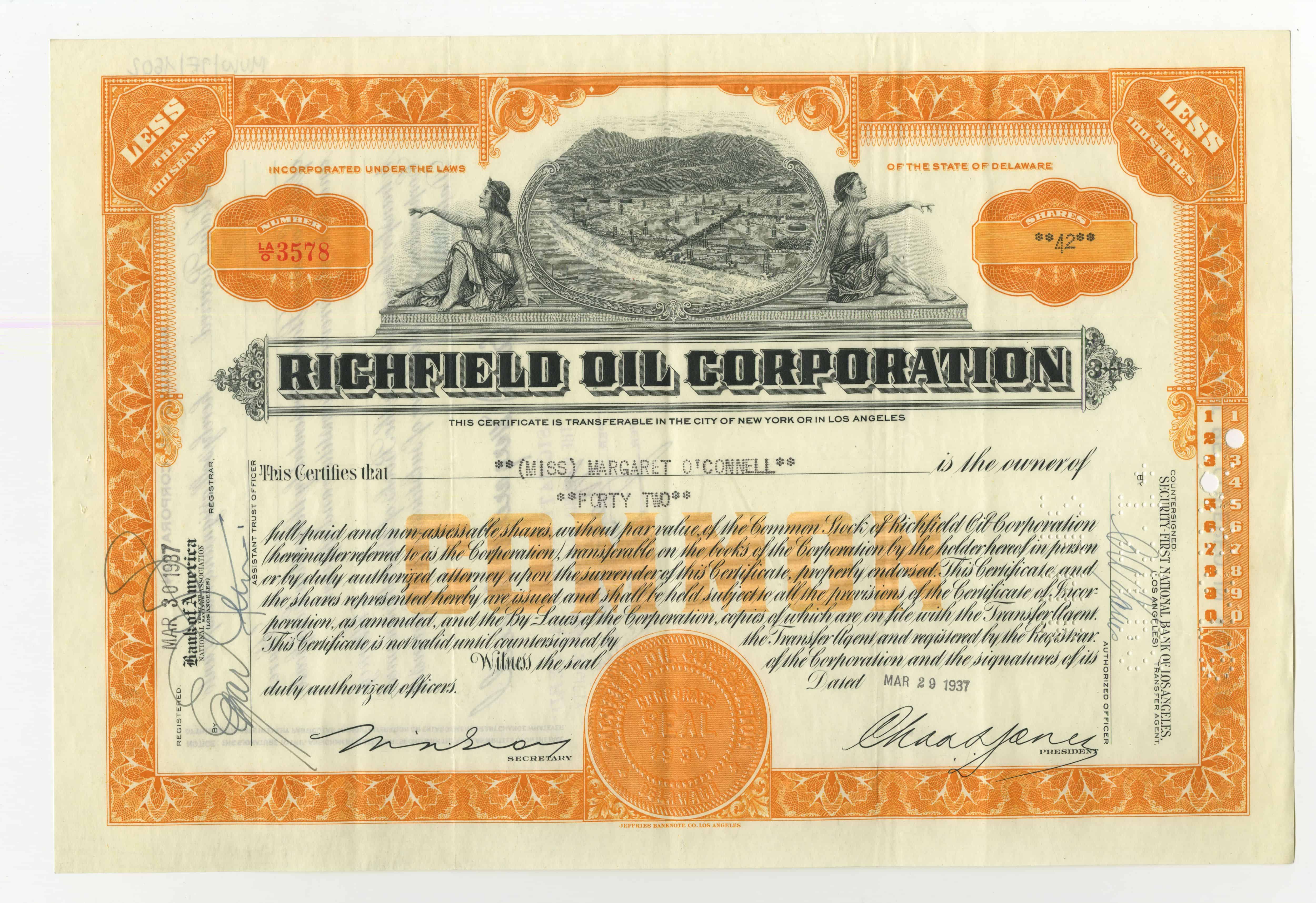 42 akcje spółki Richfield Oil Corporation z dnia 29 marca 1937 roku