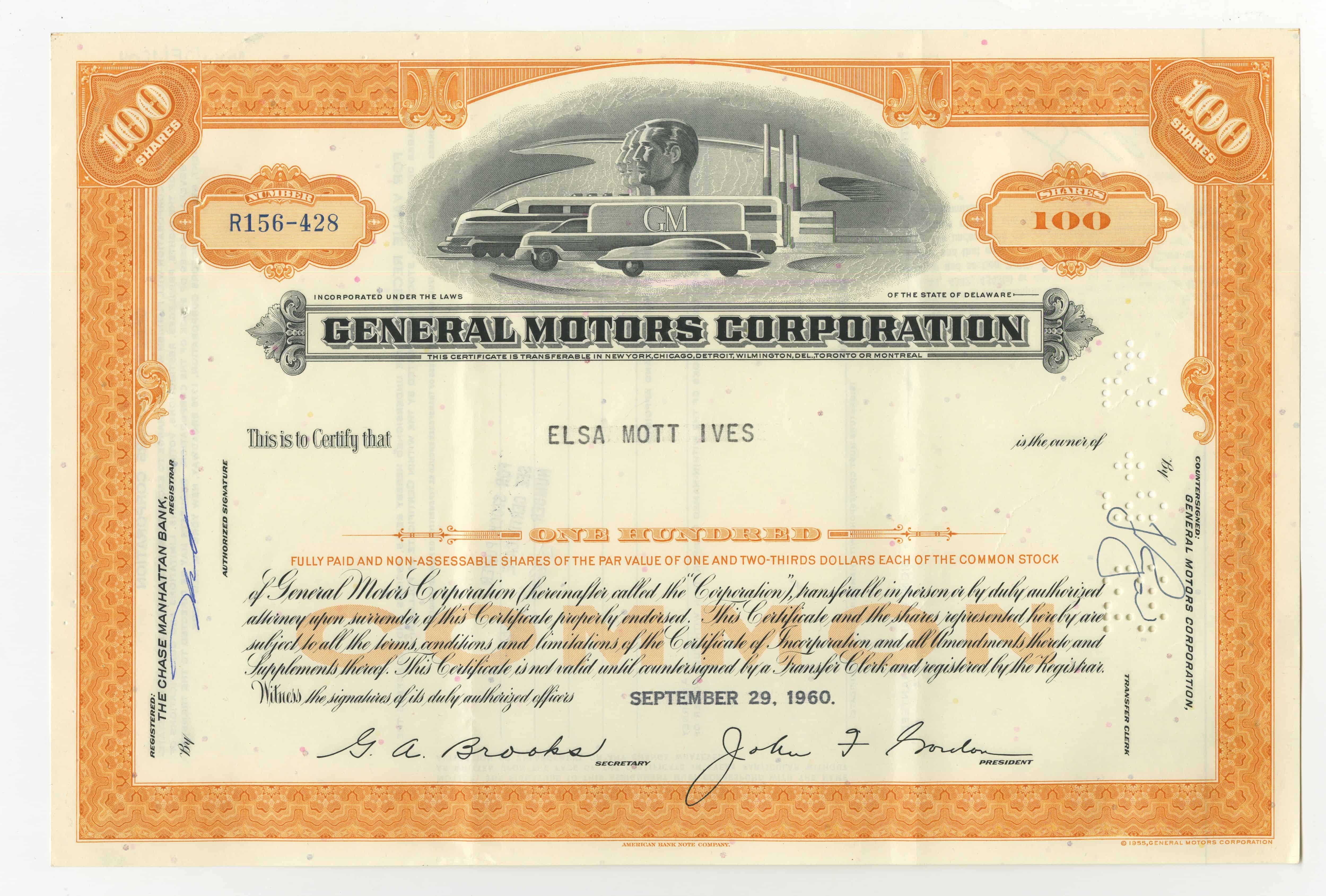 100 akcji spółki General Motors Company z dnia 29 września 1960 roku