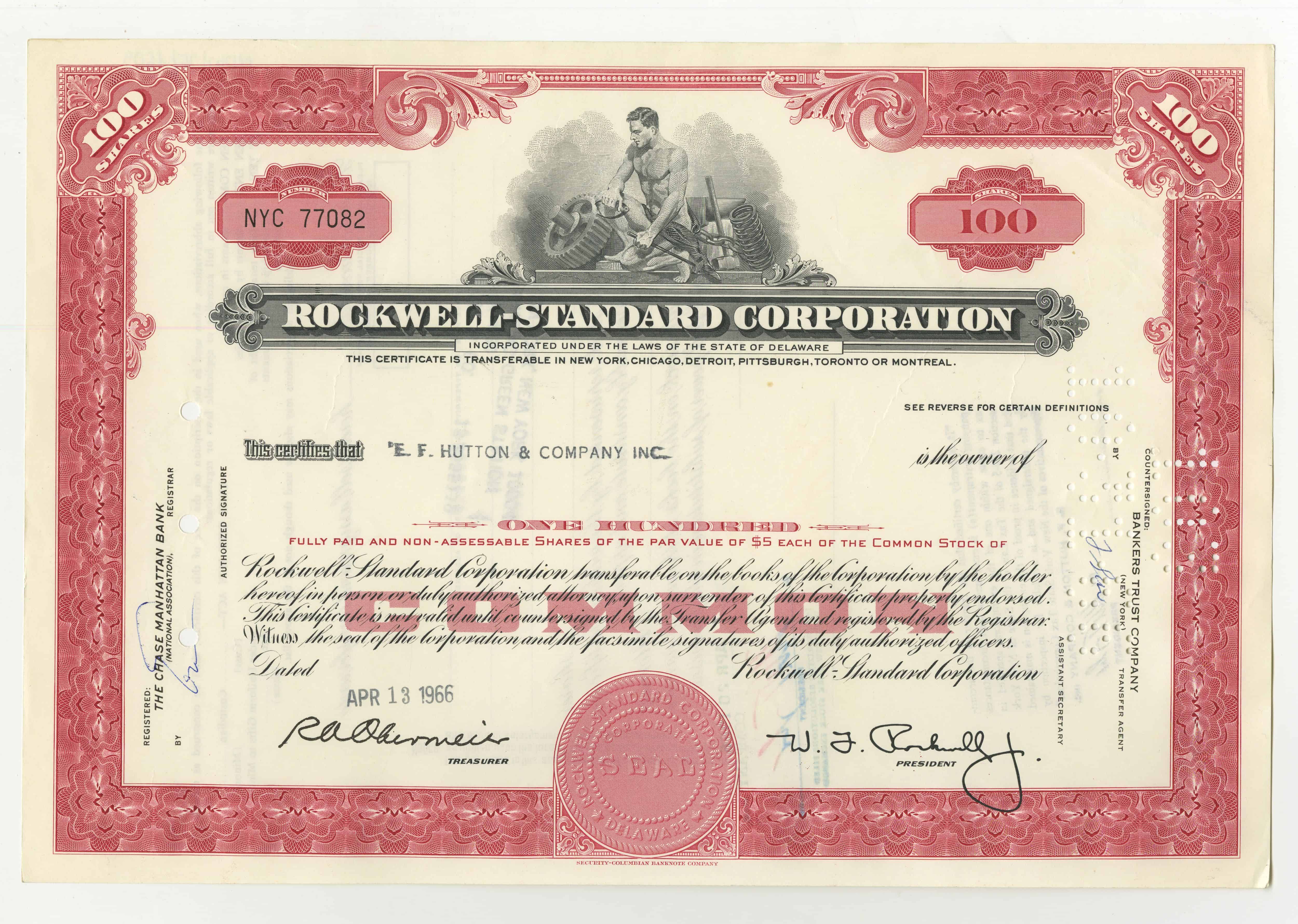 100 akcji spółki Rockwell - Standard Corporation z dnia 13 kwietnia 1966 roku