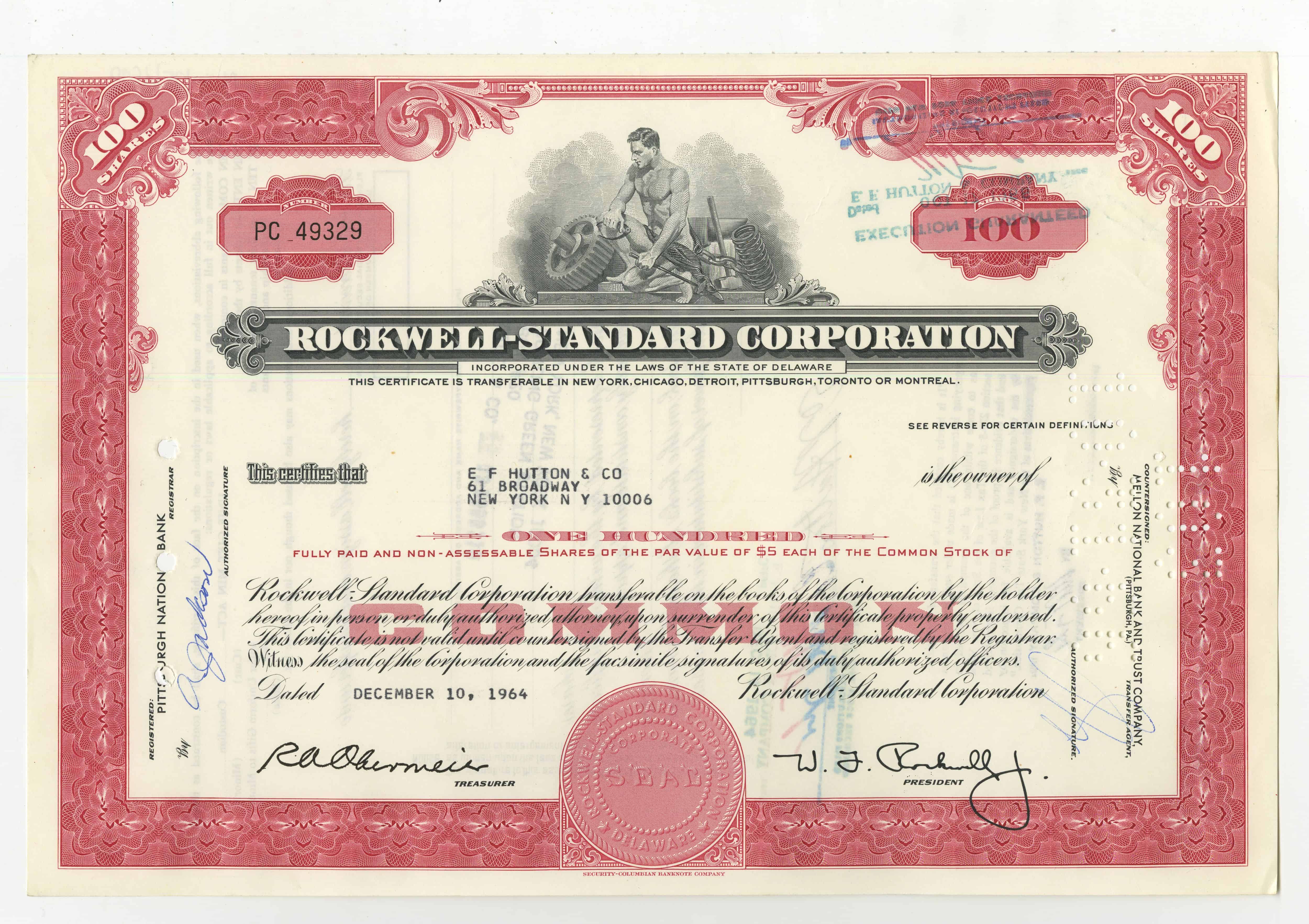 100 akcji spółki Rockwell - Standard Corporation z dnia 10 grudnia 1964 roku