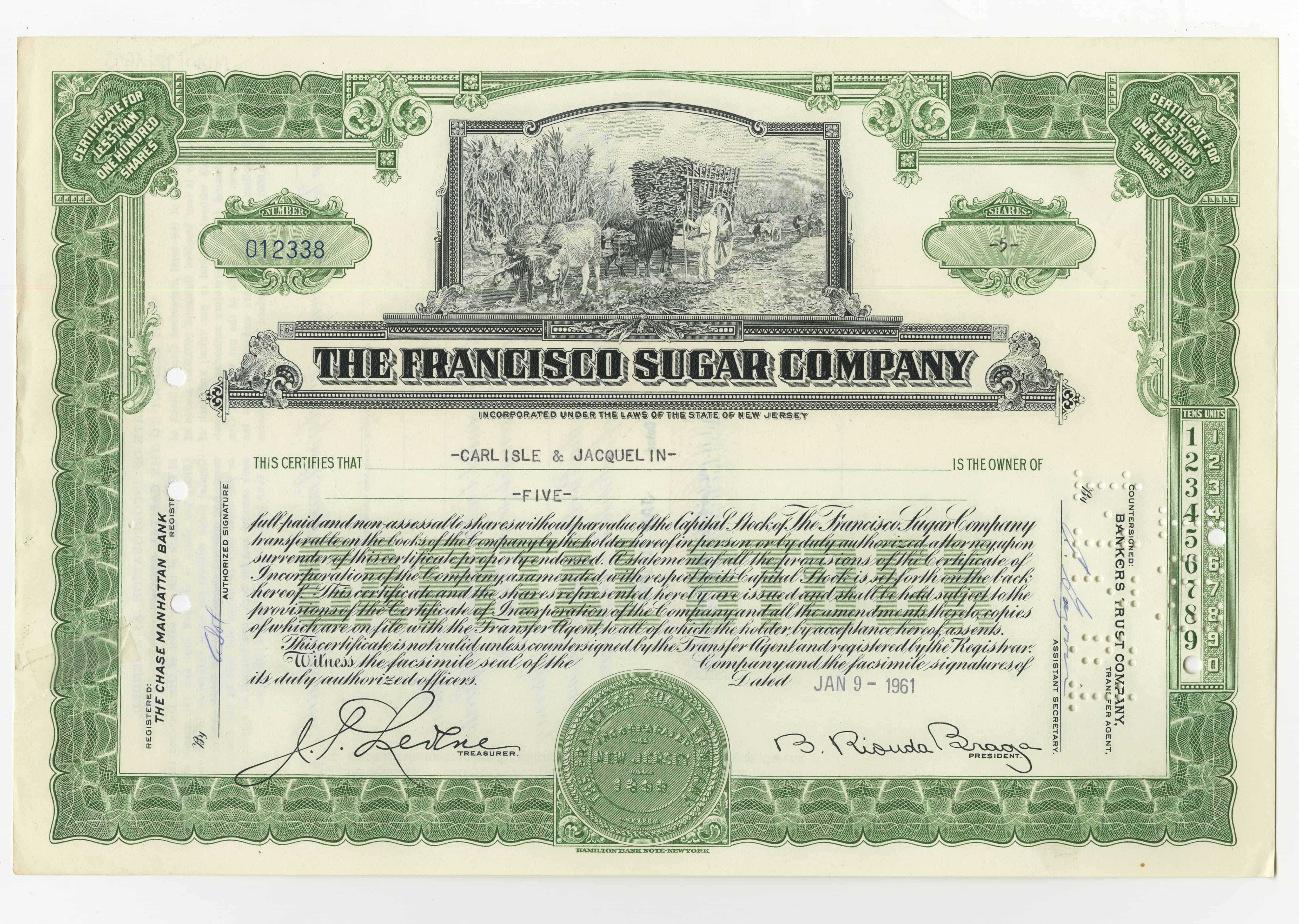 5 akcji spółki The Francisco Sugar Company z dnia 9 stycznia 1961 roku