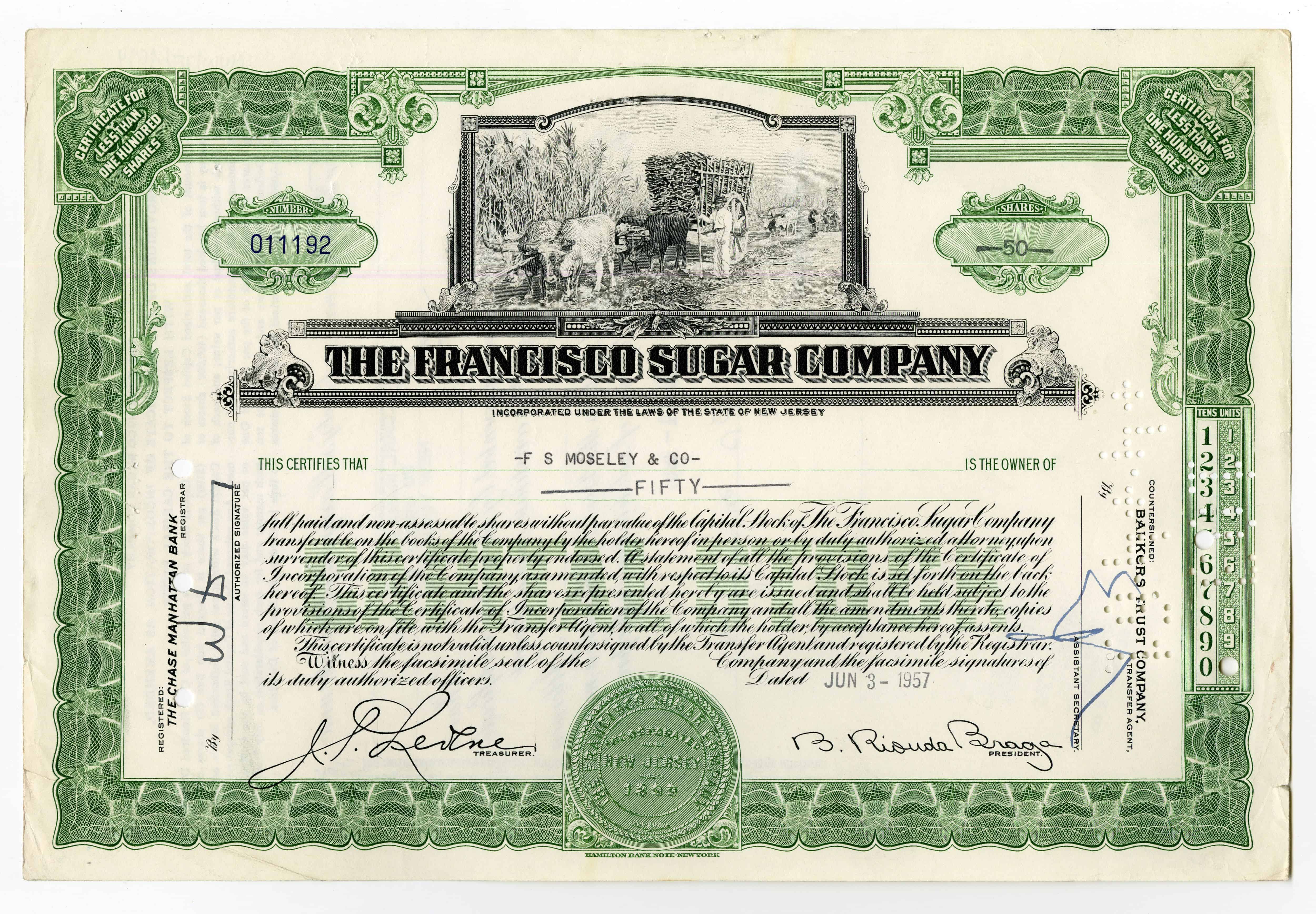 50 akcji spółki The Francisco Sugar Company z dnia 3 czerwca 1957 roku