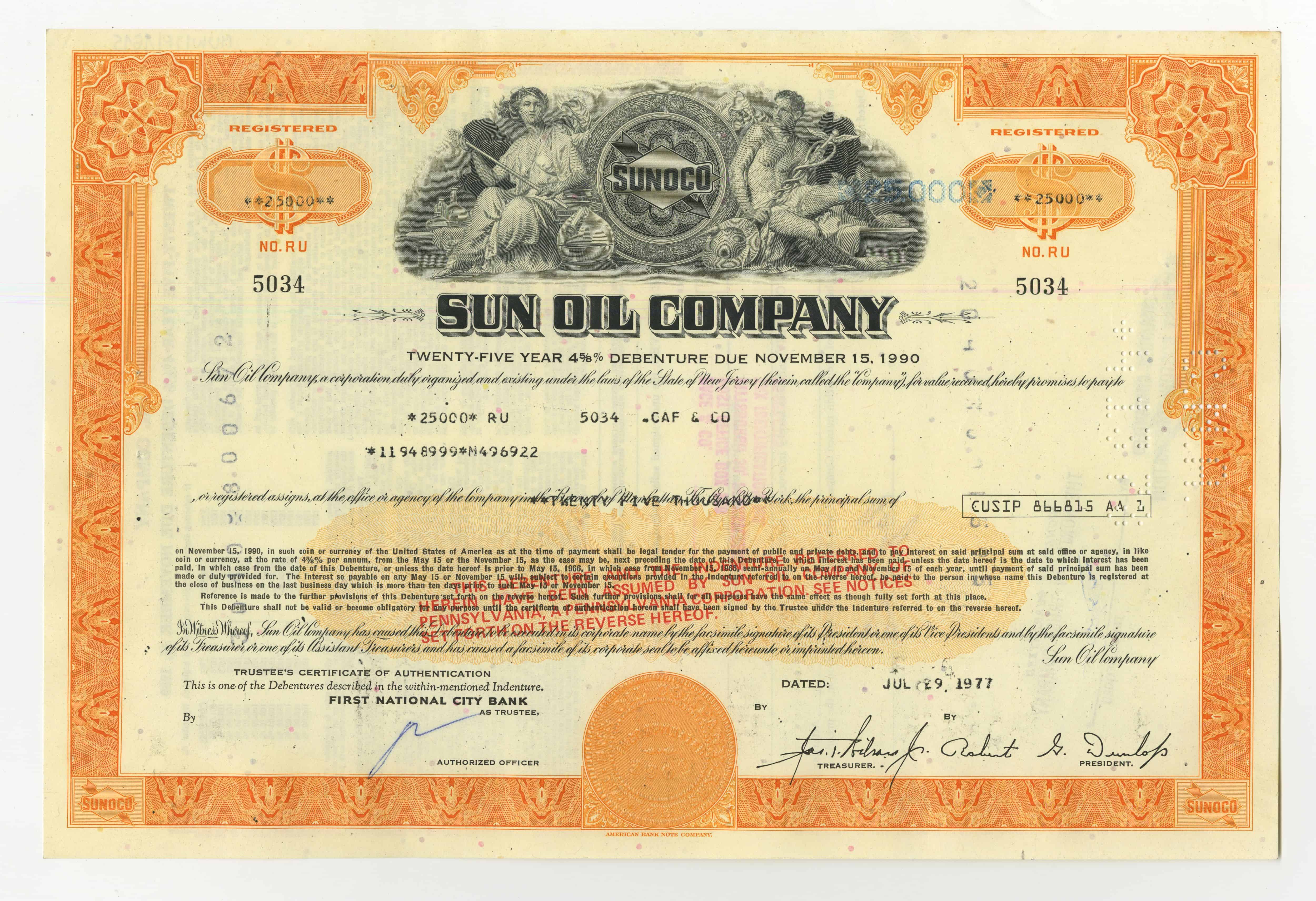 Obligacje Sun Oil Company o wartości 25000 dolarów z dnia 29 lipca 1977 roku