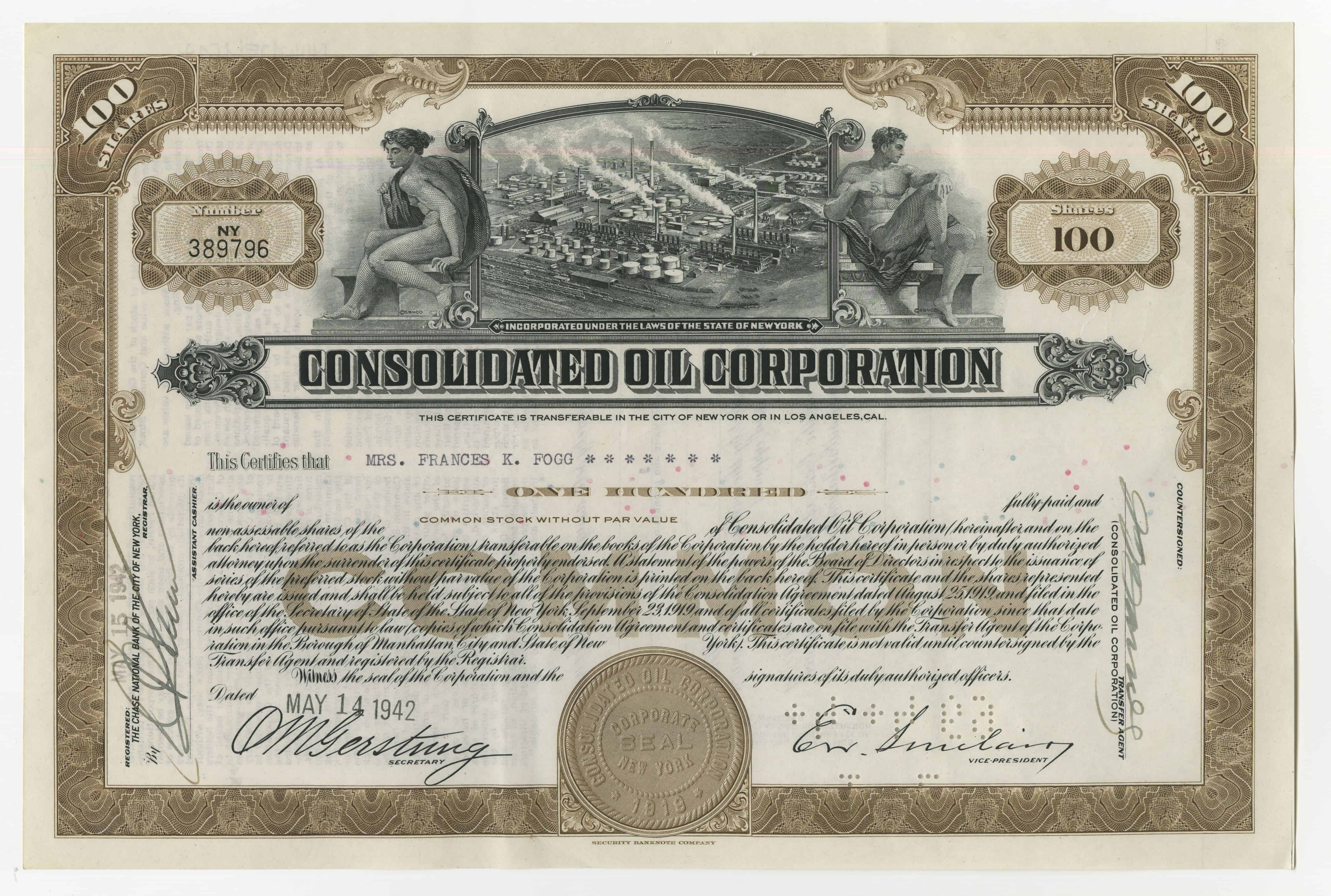 100 akcji Consolidated Oil Corporation z dnia 14 maja 1942 roku