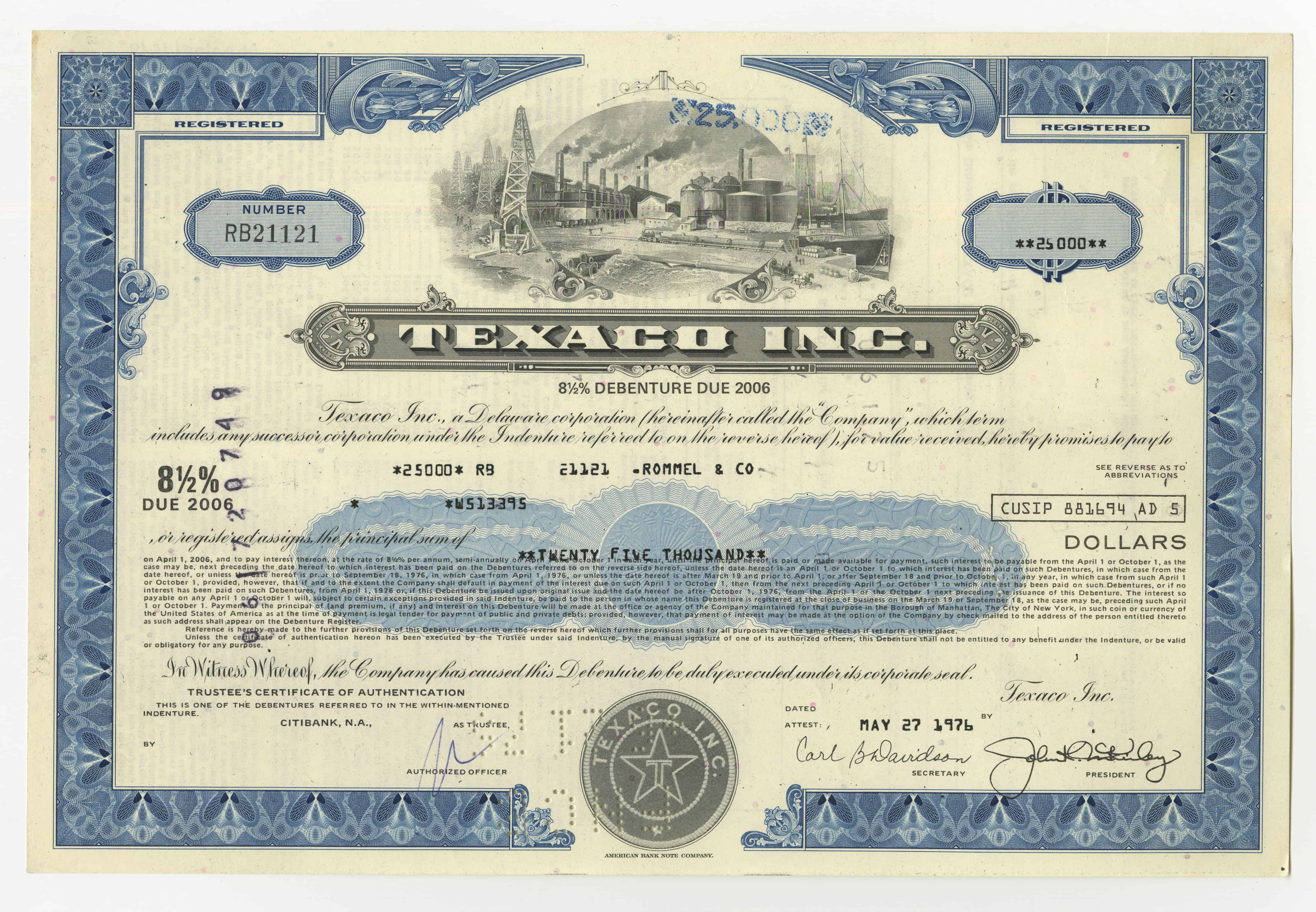 Obligacje Texaco Inc. o wartości 25000 dolarów z dnia 27 maja 1976 roku