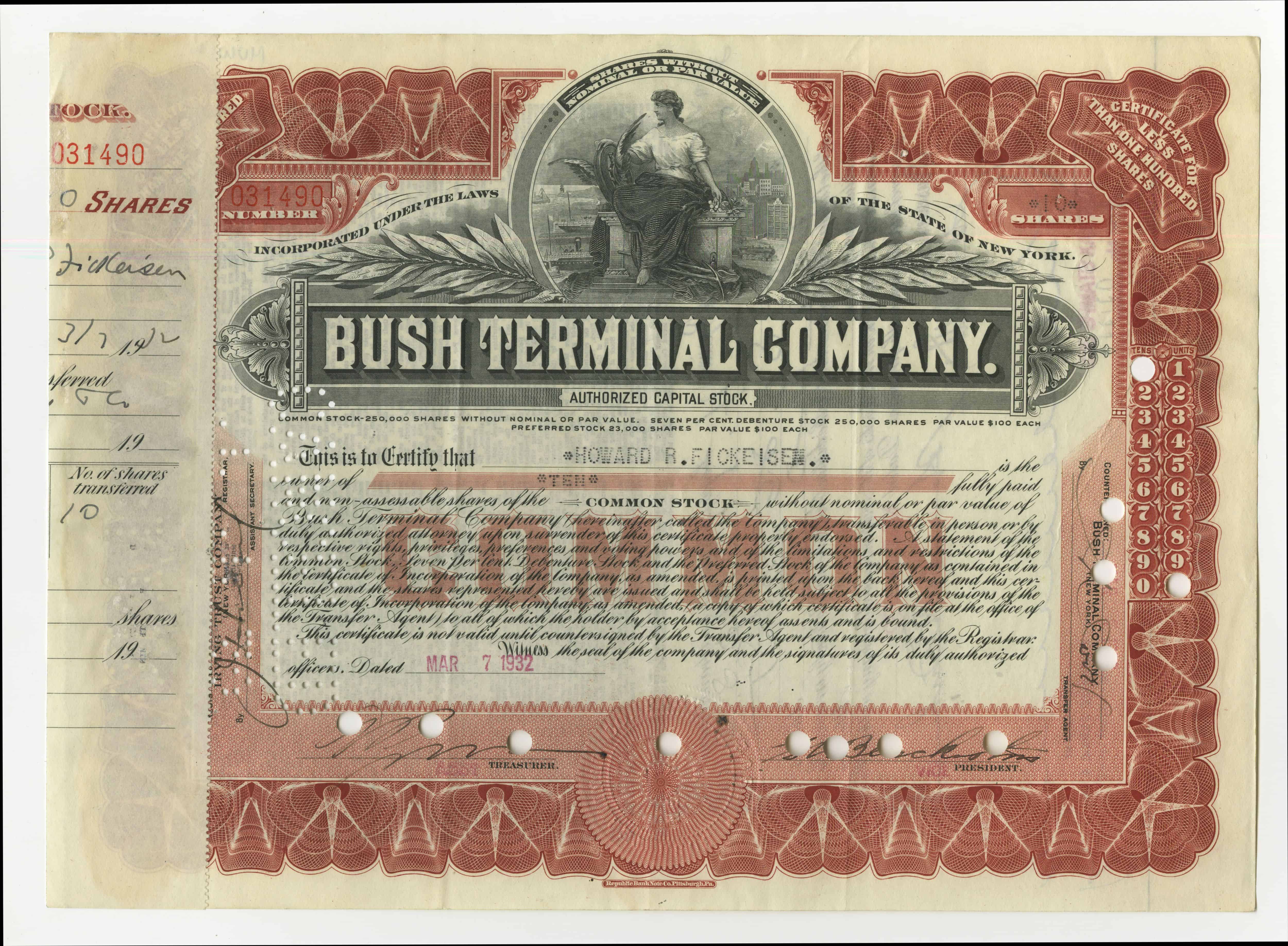 10 akcji spółki Bush Terminal Company z dnia 7 marca 1932 roku